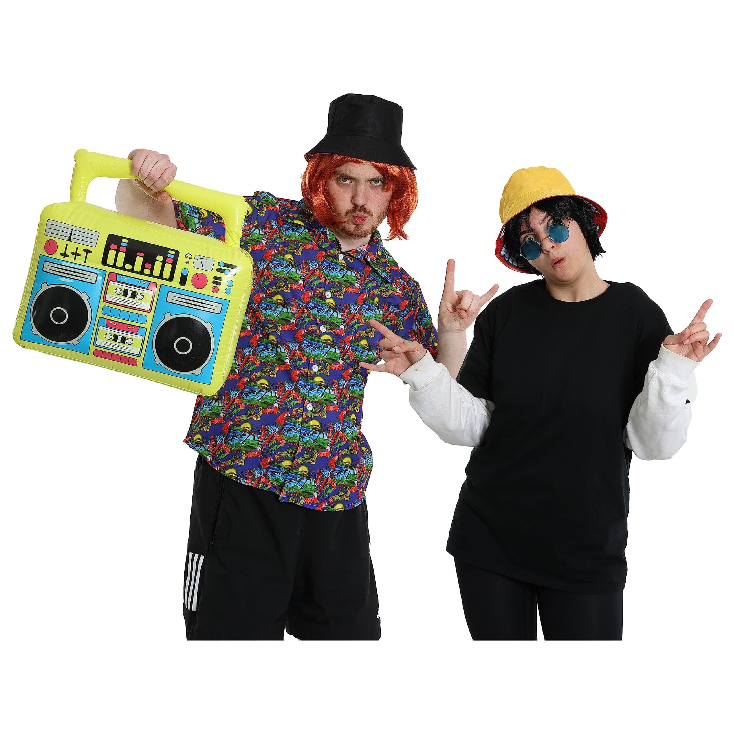 Adults Superstar Dj Duo Costume Set - Ginger Wig, Black Wig, Black Bucket Hat, Yellow Bucket Hat, Glasses, Blue Shirt and Inflatable Boombox - Perfect for British Icon Dress Up Fancy Dress