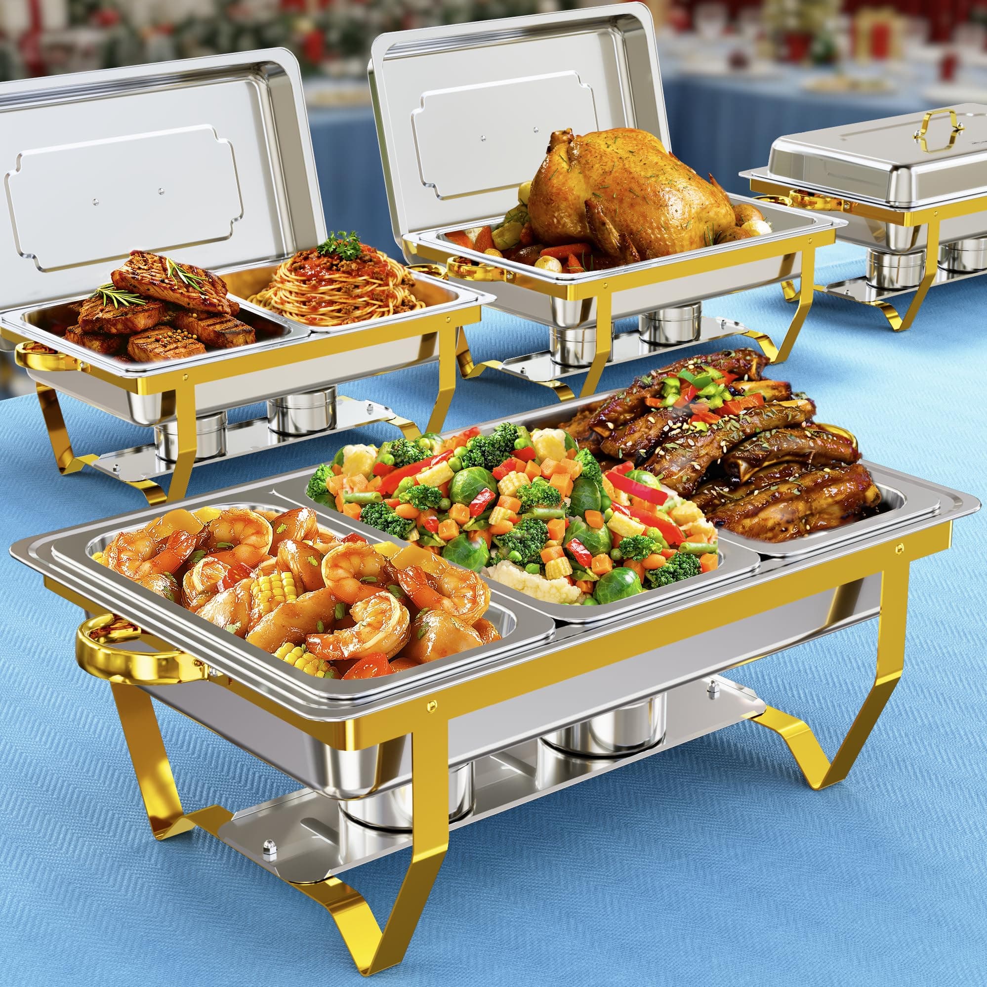 Chafing Dishes for Buffet 4 Pack 7 Pans, 9.5QT [Sturdy & Rolled Edge] Chafing Dish Buffet Set, [Mirror-Like Polished Finish] Easy to Clean Food Warmers for Parties, Gathering, Wedding, Event, Catering