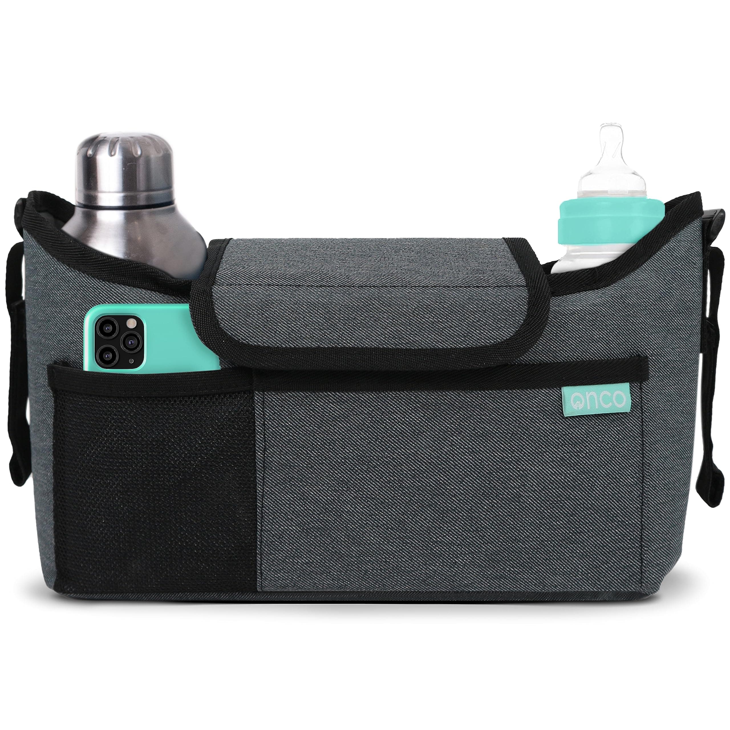Onco Stroller Organizer with Stroller Cup Holder - Universal Stroller Caddy with Stroller Phone Holder, Stroller Caddy Organizer with Cup Holder, Stroller Accessories & Baby Essentials, Stroller Bag
