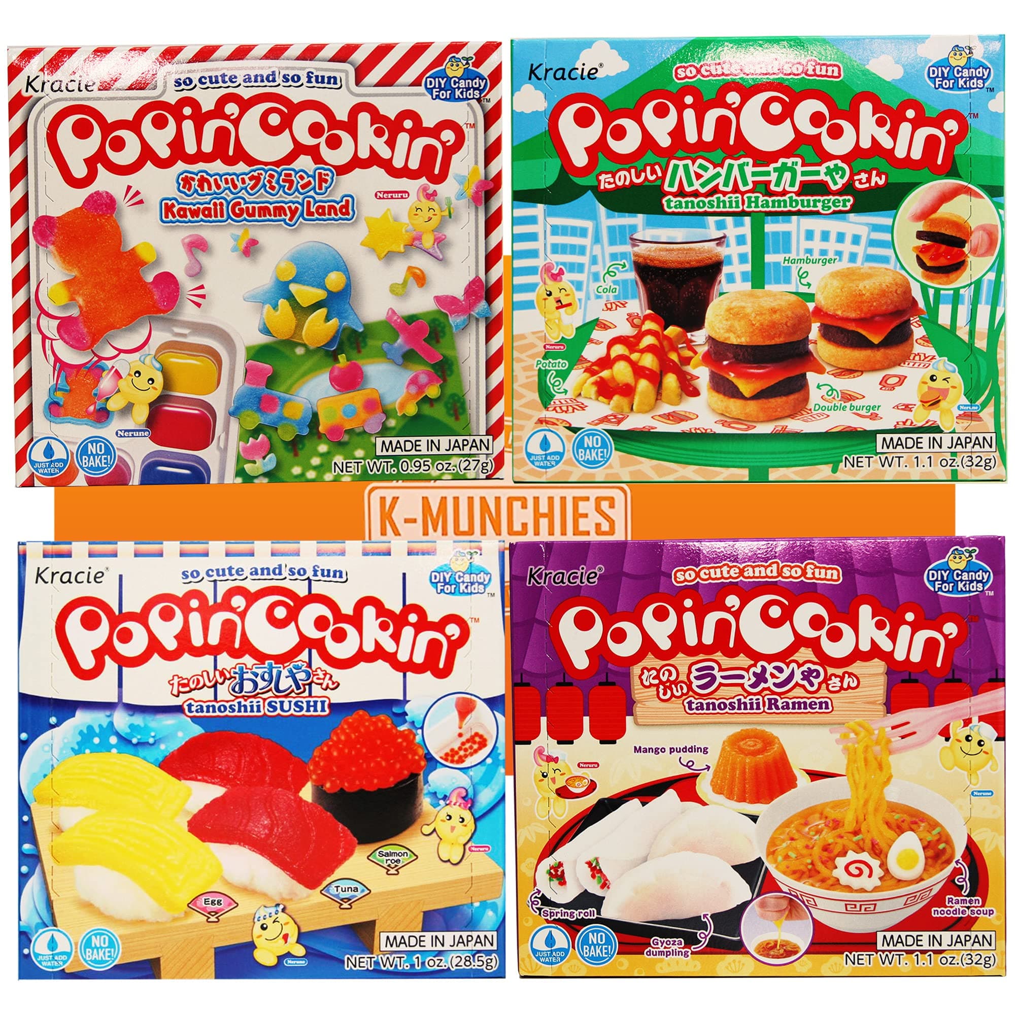 Kracie Popin Cookin Kits - 4 Pack Assorted Japanese Candy Making Kit Bundle - DIY Ramen, Hamburger, Gummi Land, Sushi Candy Poppin Cookin Kits - Edible Food Made in Japan