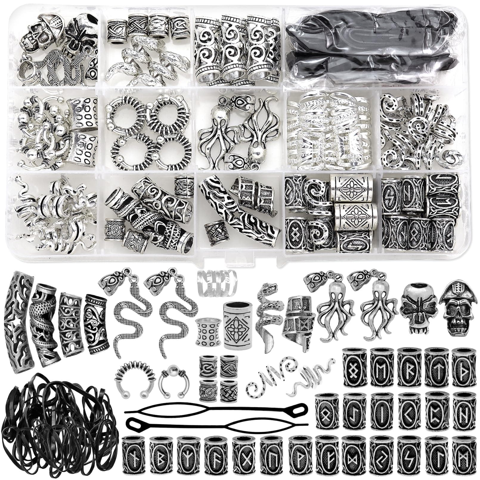 Fscwlmon 207Pcs Viking Hair Jewelry Nordic Runes Tube Beads,Accessories Kit for Braids Dreadlock Beard Locs,Metal Clips Cuff Rings,Braiding Beard Decoration Bracelets Pendant Necklace DIY Silvery