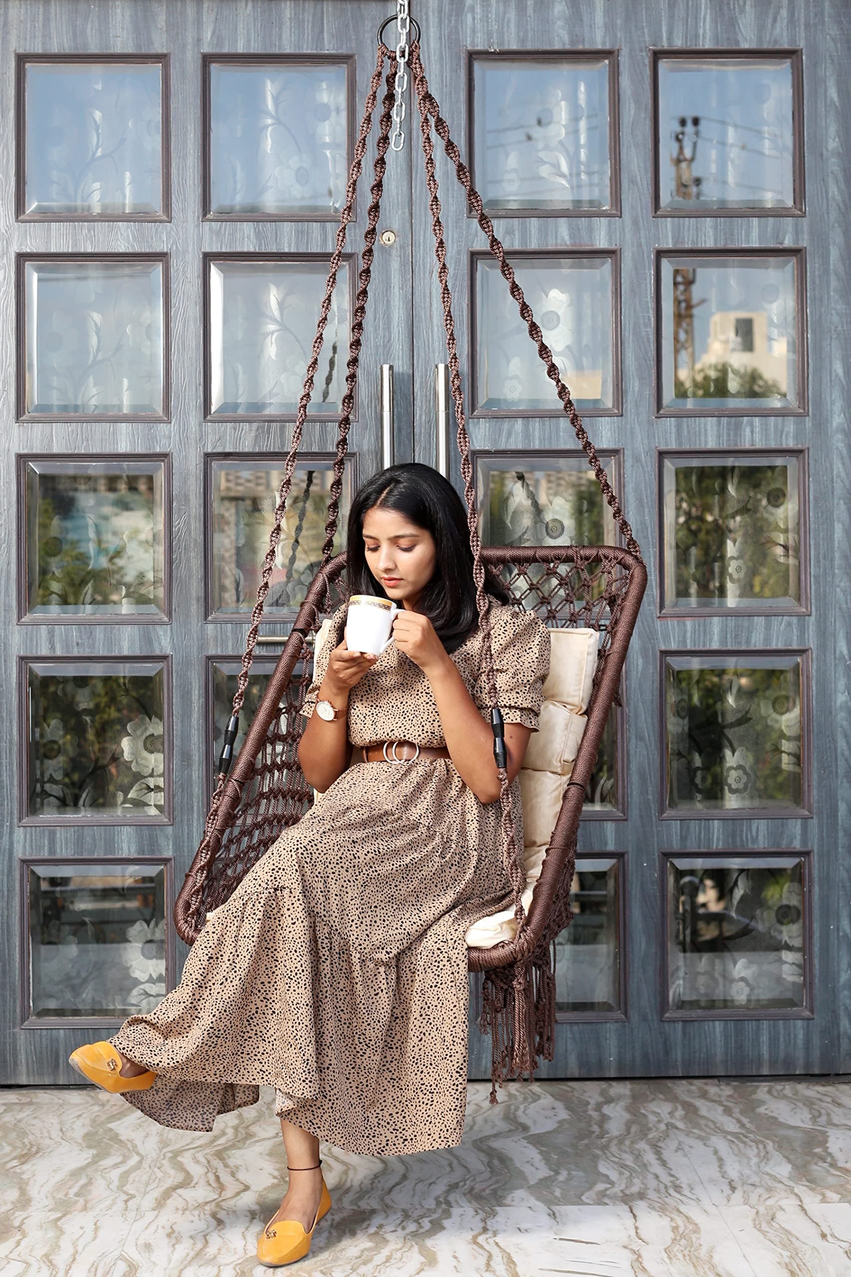 Patiofy Swing/Swing For Balcony/Swing For Adults/Swing Chair For Adults For Home/Swing For Living Room Rectangle Swing Chair W/ Golden & Free Hanging Kit Included-Brown-Polyester,91 Cm,66 Cm,168 Cm