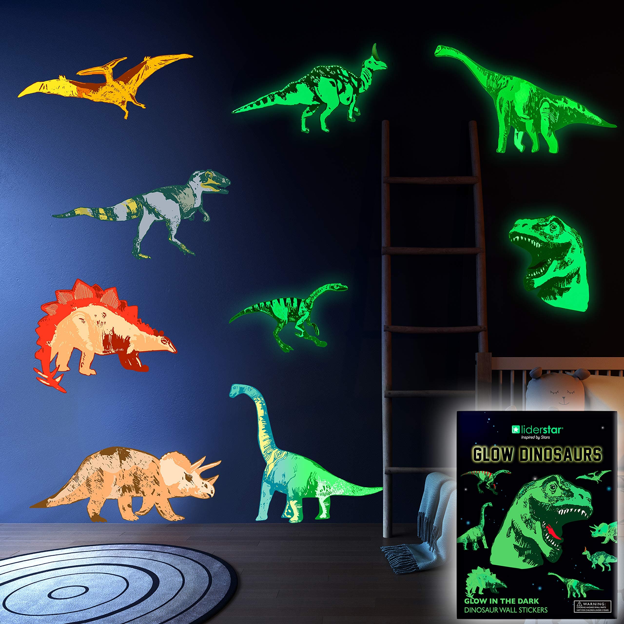 LIDERSTAR Vinyl Glow in The Dark Stickers, Large Removable Decor for Bedroom, Living/Classroom -Cool Light Art, Kids Birthday Christmas, Toddlers and Teens Dinosaur Wall Room, Pack of 9 Pics