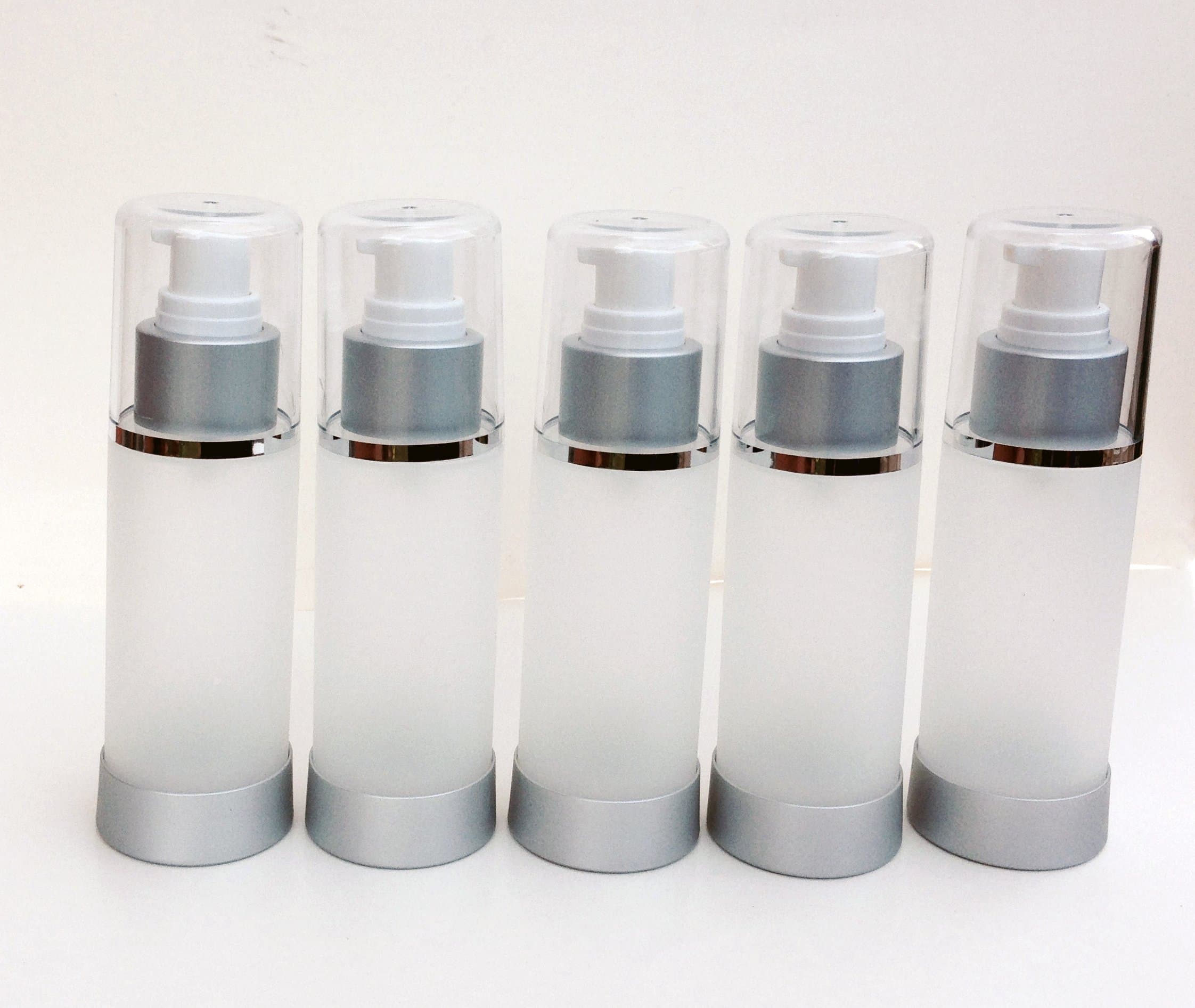 5 pack - Airless Pump Bottle Frosted with Silver Matte accents - 3.5 oz (100ml)
