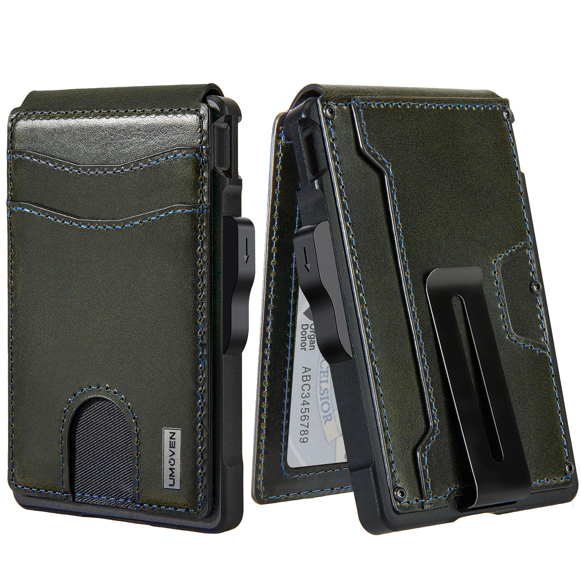 umoven Wallet for Men - with Money Clip Slim Leather Slots Credit Card Holder RFID Blocking Bifold Minimalist Wallet (Top Layer Leather-Dark Olive Green)