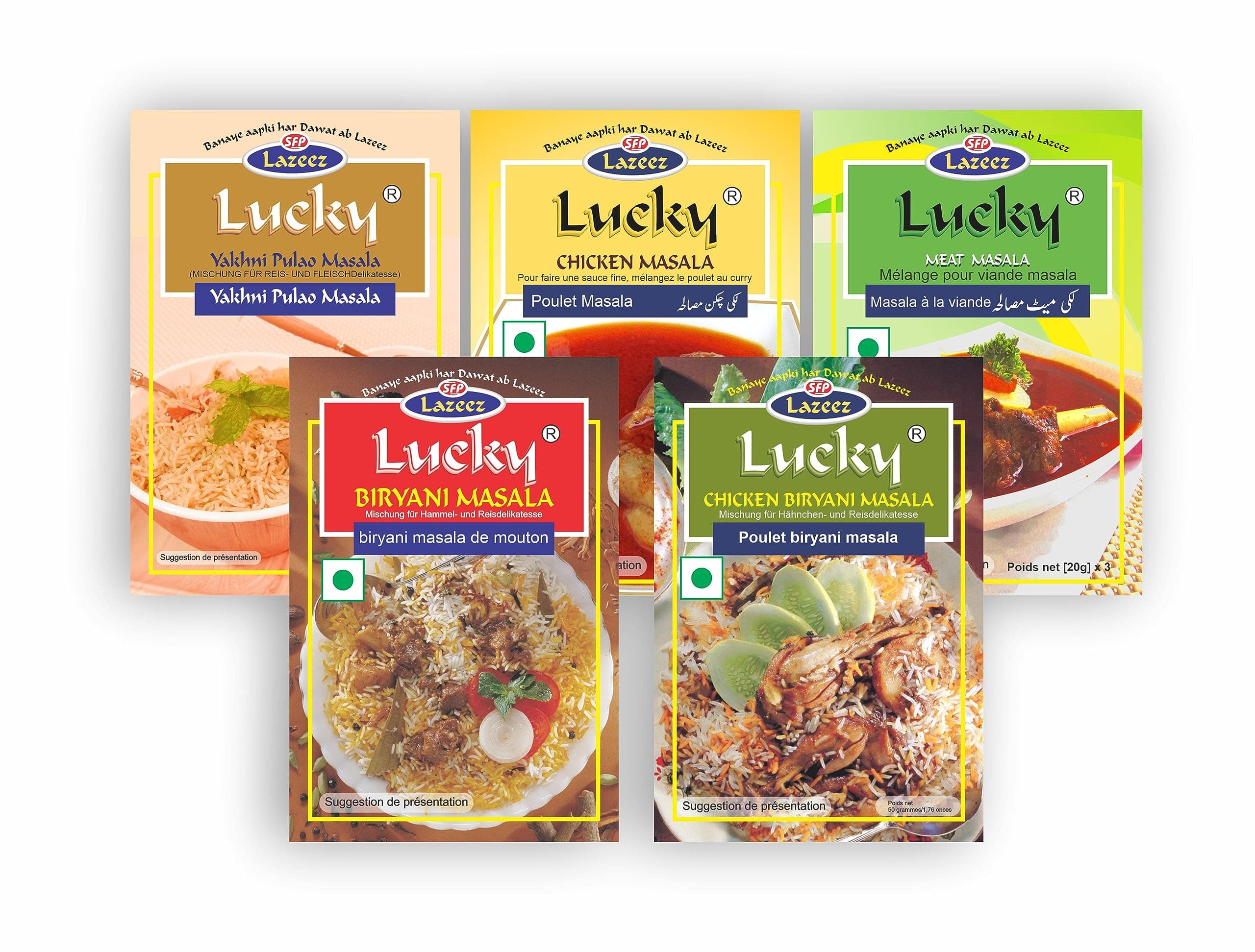 Rice And Curry Combo Pack 1.7 oz., Pulao, Biryani Masala, Chicken Biryani Masala, Meat Masala, Chicken Masala