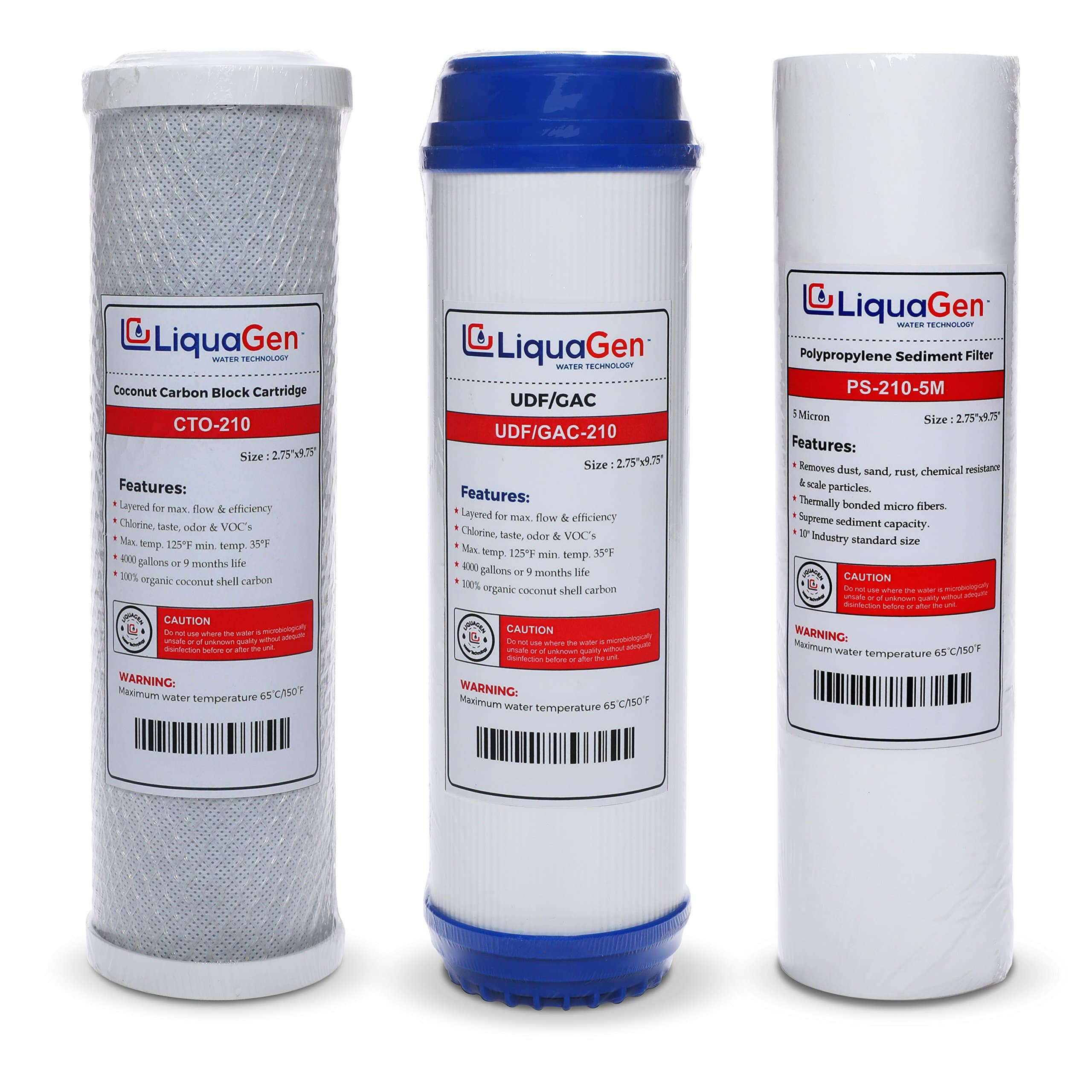 LiquaGen - Replacement Pre-Filter Set for Reverse Osmosis Water Filter Systems- 10" | 1 PP Sediment, 1 Carbon Block (CTO) & 1 Activated Charcoal (UDF) | Highly Compatible Ultrapure Water Purifier Kit