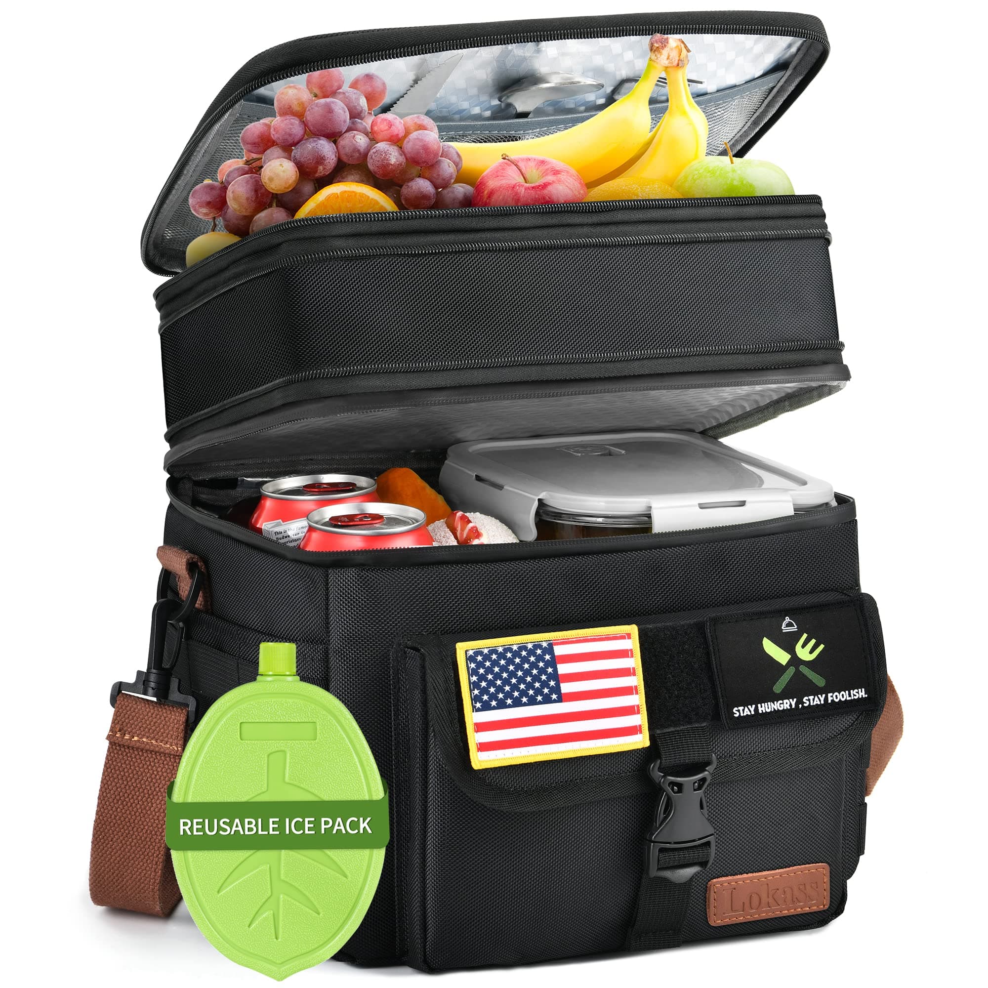 LOKASS Tactical Lunch Box for Men,16L,Double Deck Expandable Insulated Lunch box For Adults/Women Thermal Large Waterproof Leakproof Cooler Bag with Shoulder Strap for work/Picnic/BBQ/camping (Black)