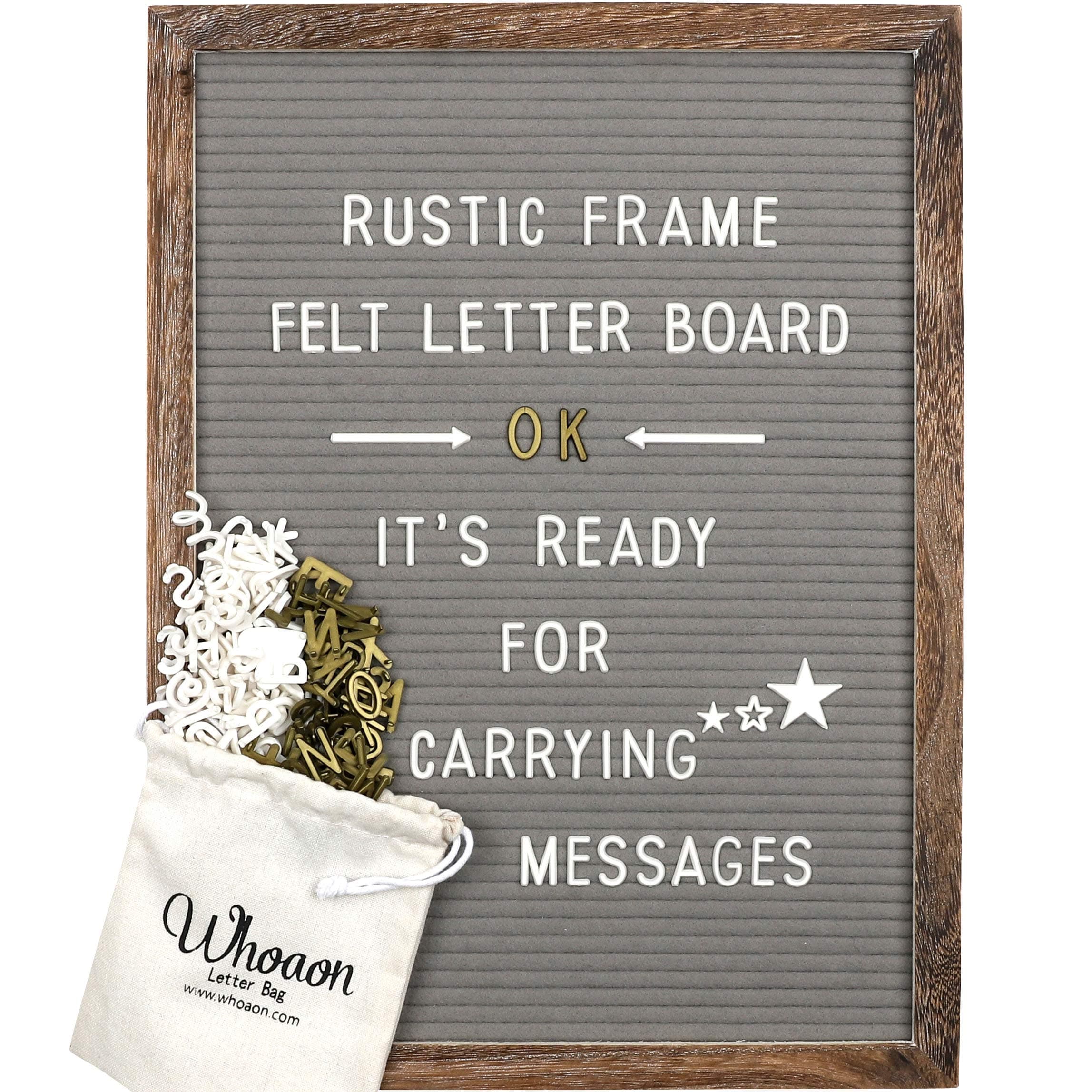 Rustic Wood Frame Gray Felt Letter Board 12x16 inches. 440 White & Gold Letters, Months & Days Cursive Words, Additional Symbols & Emojis, 2 Letter Bags, Scissors, Vintage Stand. by whoaon
