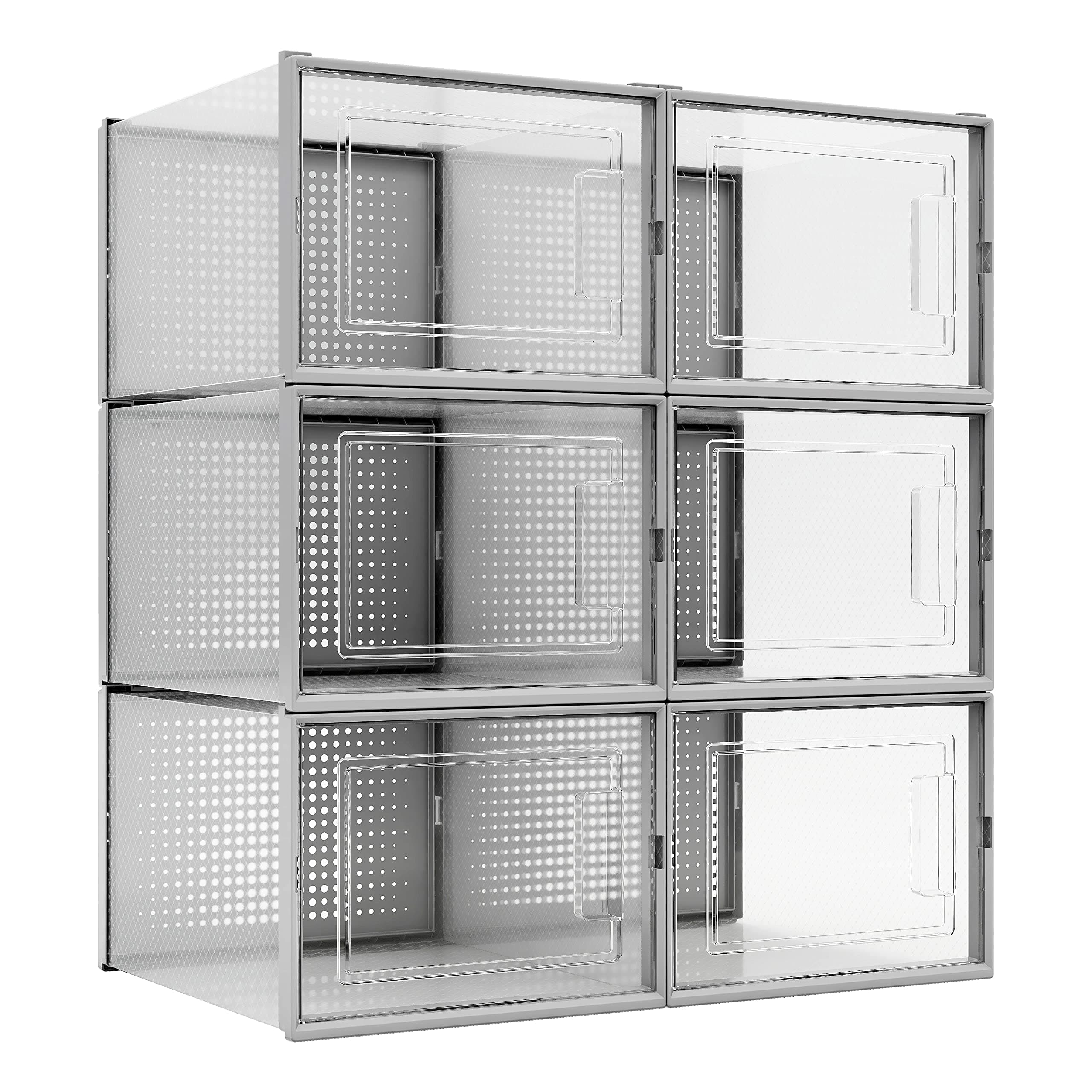 QualiapeX X-Large Long Shoe Boxes Clear Plastic Stackable, Shoe Storage Organizer, Sneaker Storage Containers, Suitable for All Shoes like High Heels & Martin Boots, Grey 6 Pack