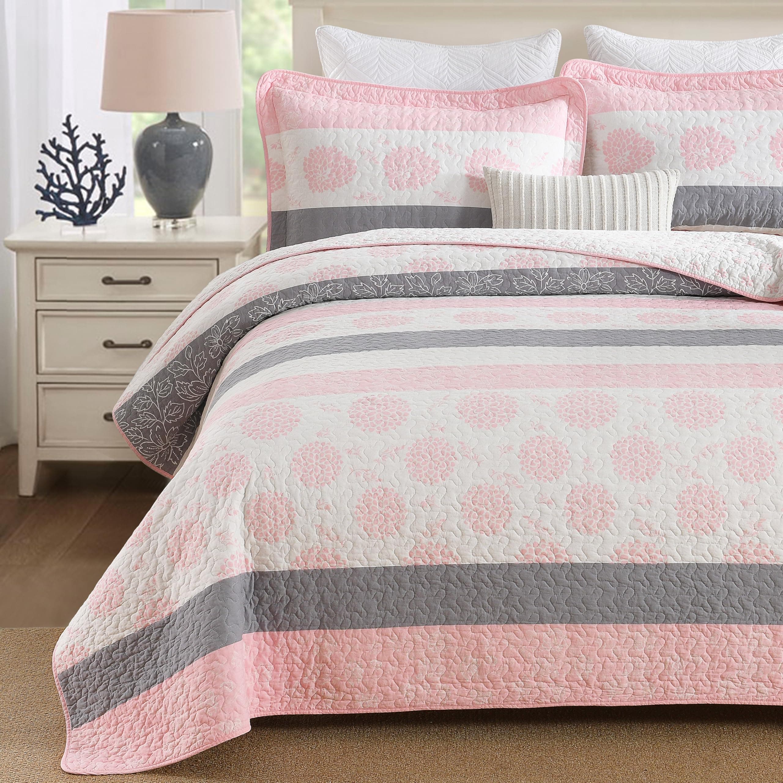 Homzard Quilts Queen Size,Cotton Pink Comforter Set Queen,Pink White Grey Bedding Set,Striped Floral Pattern Bedspread (90 * 98 Inches),3 Piece