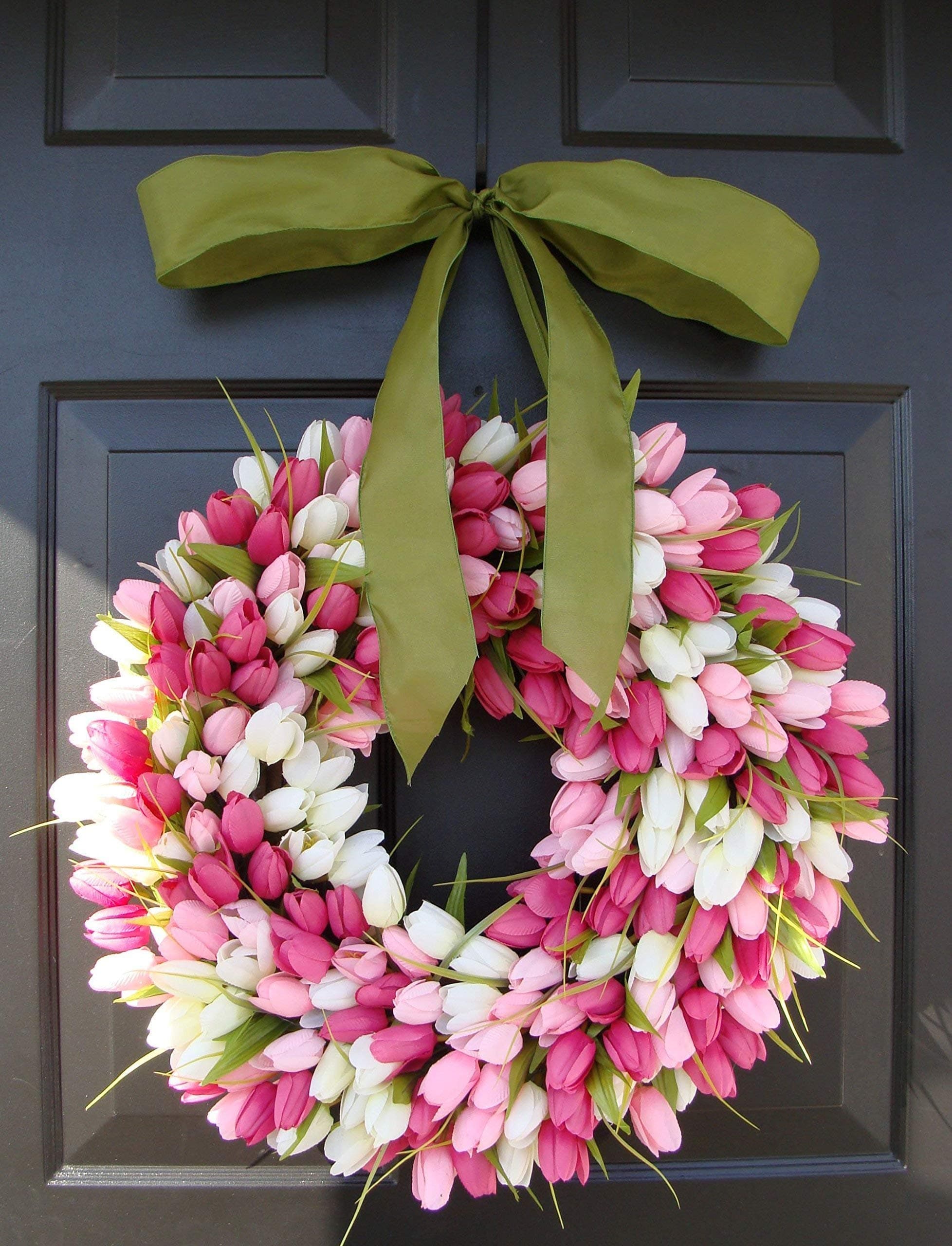 Elegant Holidays Handmade Pink/White Silk Tulip Wreath w/Bow- Decorative Home Décor for Indoor/Outdoor- Welcome Guests in Spring, Summer Front Door Wreaths- Mother's Day Holiday Accent 16-26 inch