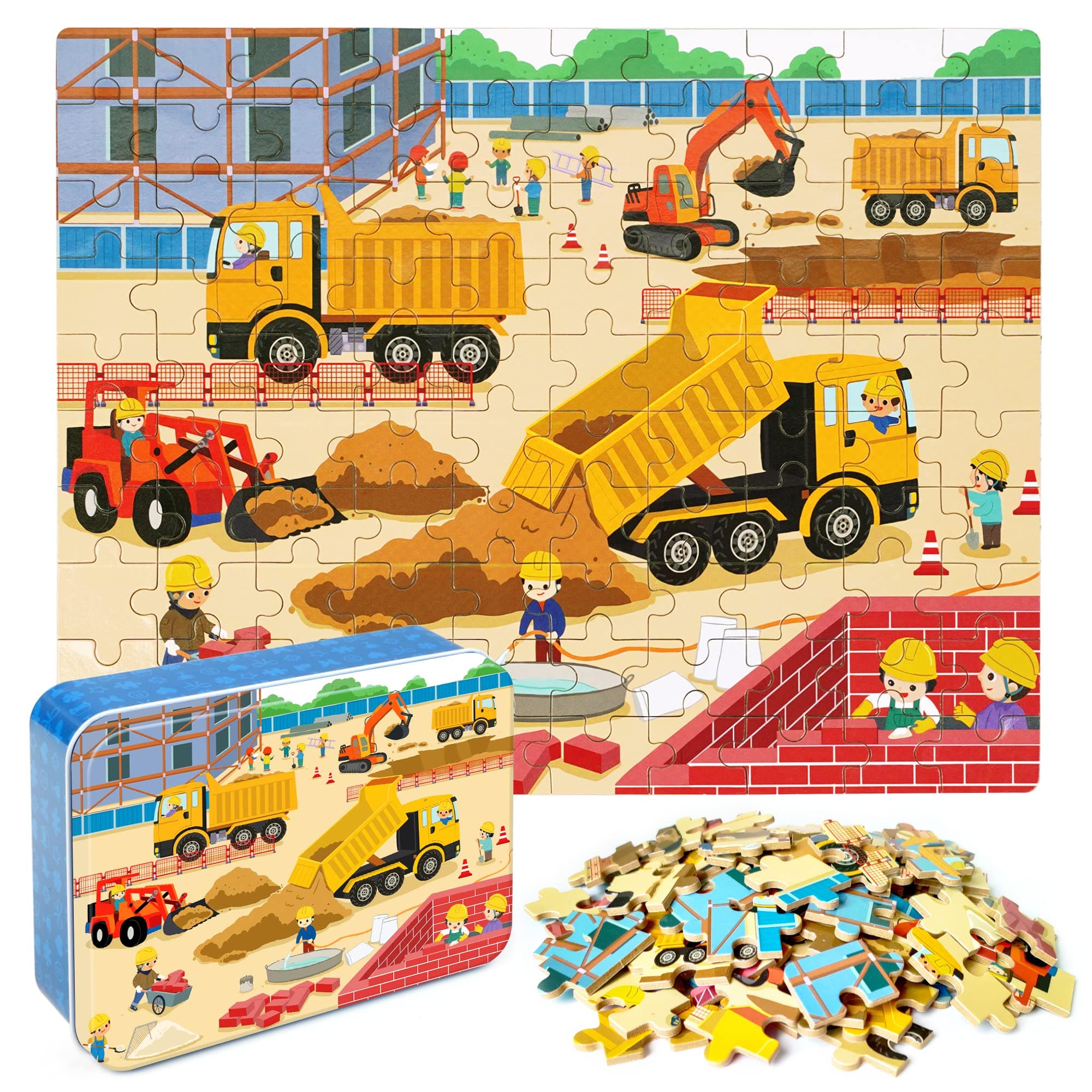 100 Pieces Jigsaw Puzzles in a Metal Box for Kids Age for 4-8 Boys Girls Toy Puzzles Construction Site Vehicles Children Learning Educational Puzzles Toys