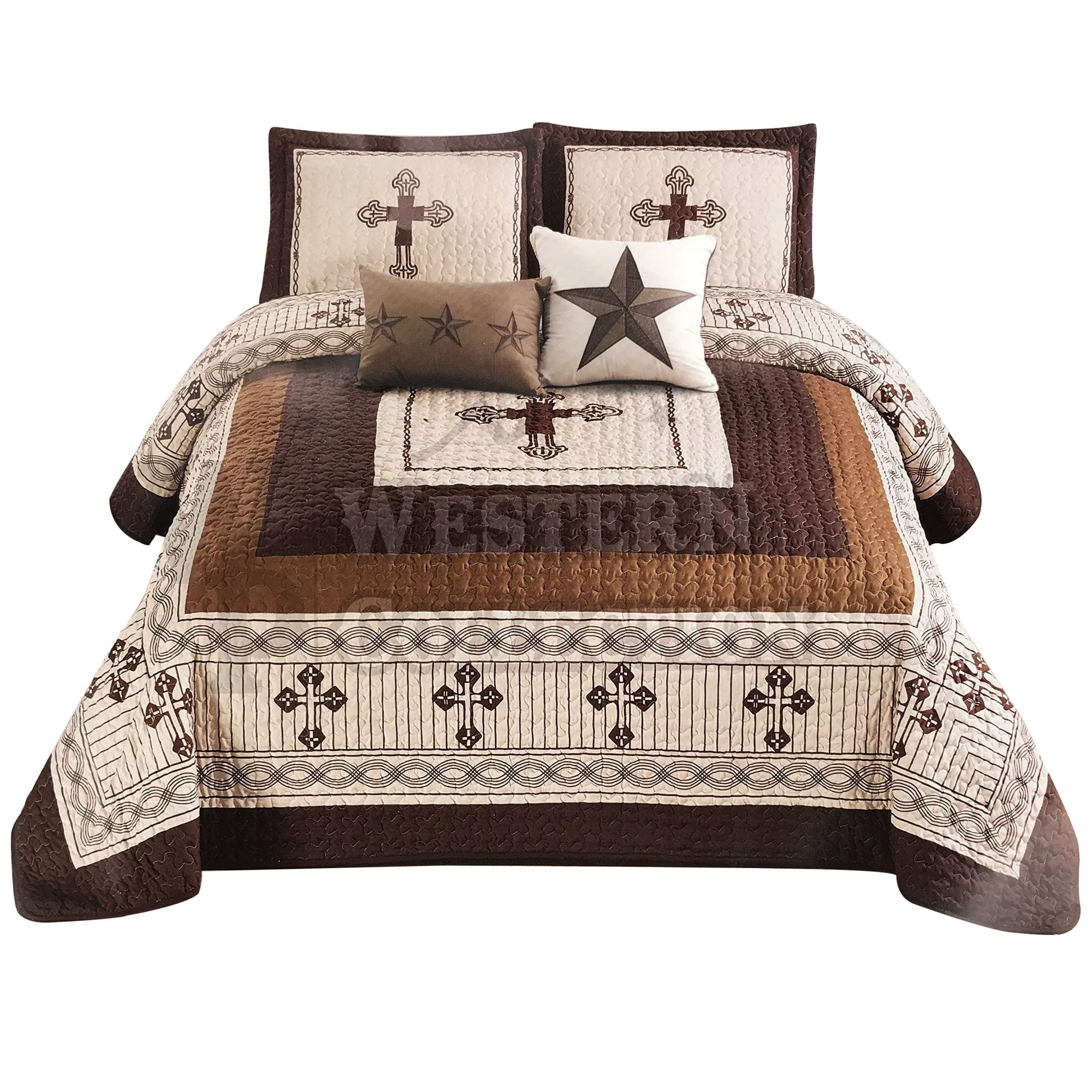 Western Peak 5 Pc Western Texas Cross Lodge Barbed Wire Quilt Bedspread Shams Pillow Oversize Comforter (Beige, King)