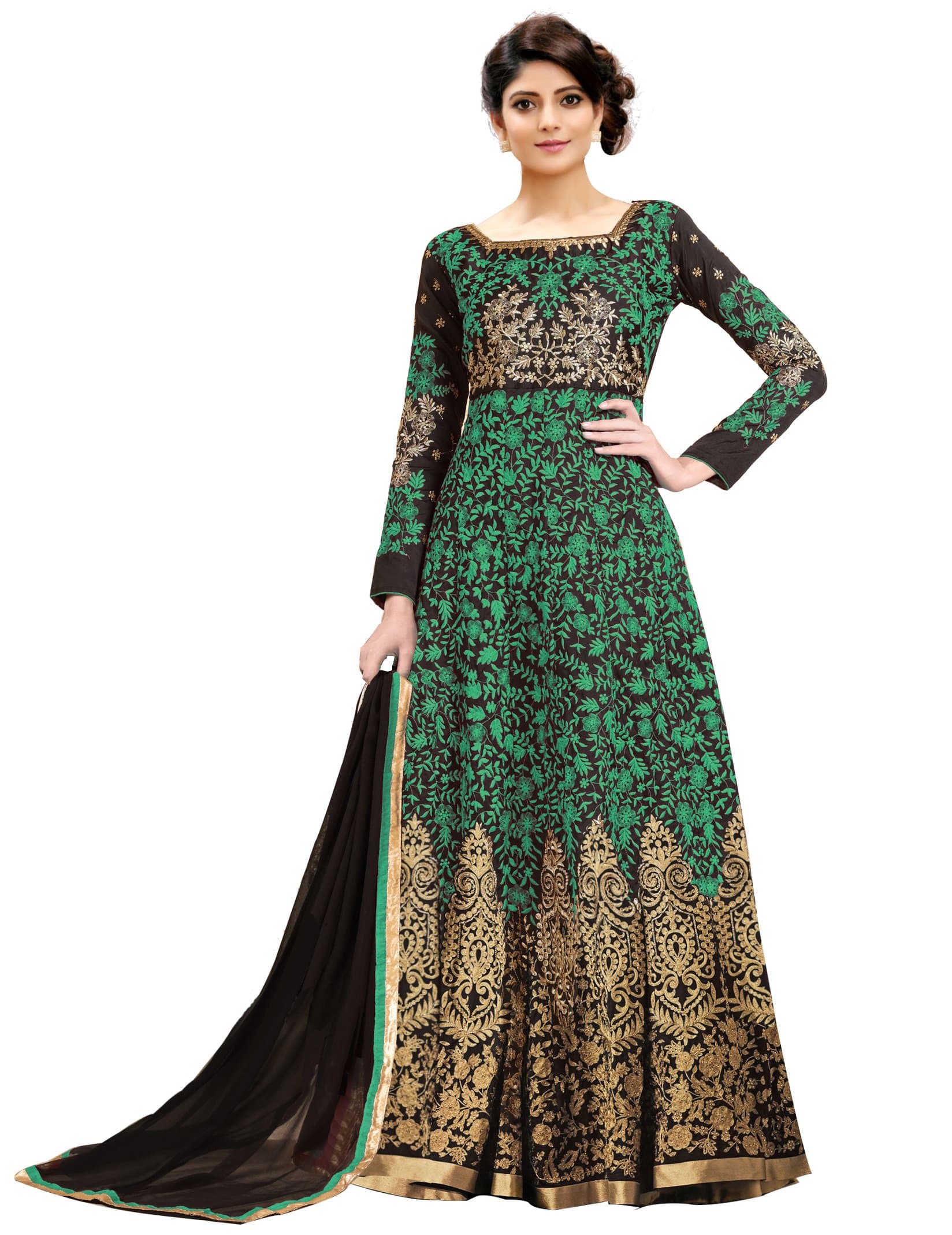 Siddeshwary Fab Women's Taffeta Silk Anarkali Gown Dress Material (Green Free Size_semi stitched)
