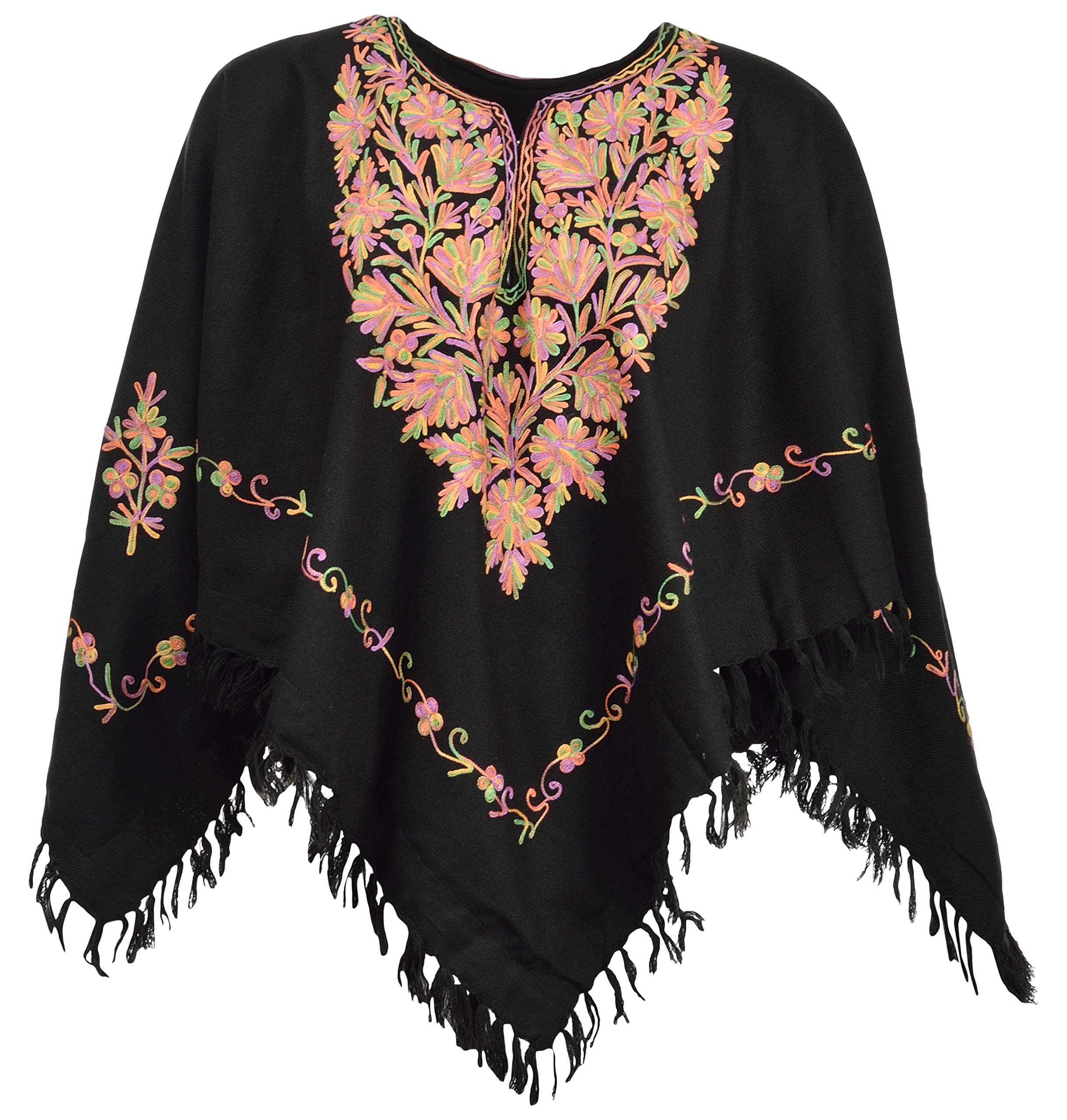 The MadhuSudan Gallery Women's Kashmiri Wool Poncho Embroidery with Silk Lining (AA 24, Black, Free Size)