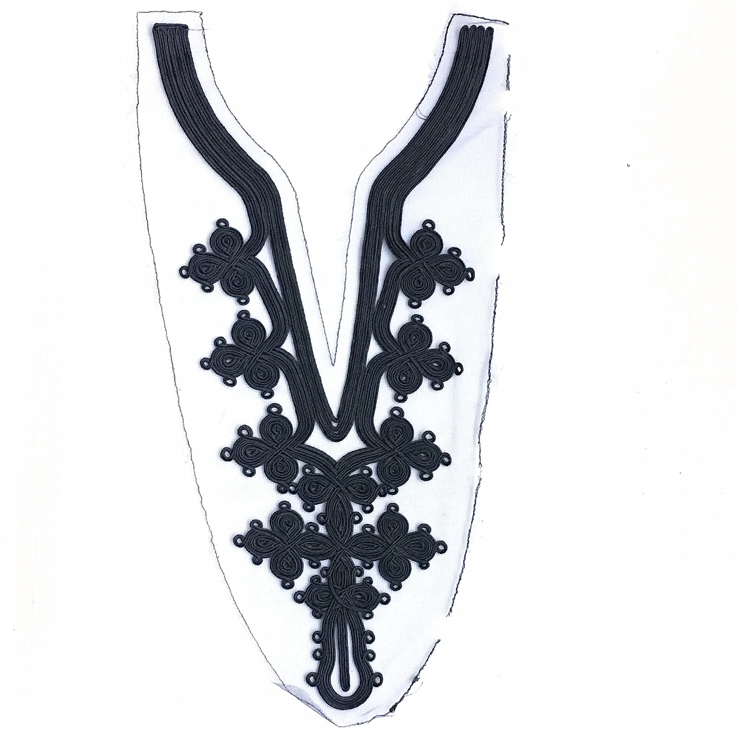 JUBRAY 2x Cord Embroidered Lace Neckline Embroidery Applique V Neck Lace Collar Patch Sew On Motifs DIY Patches For Dress Black Appliques 45x24cm AC0855