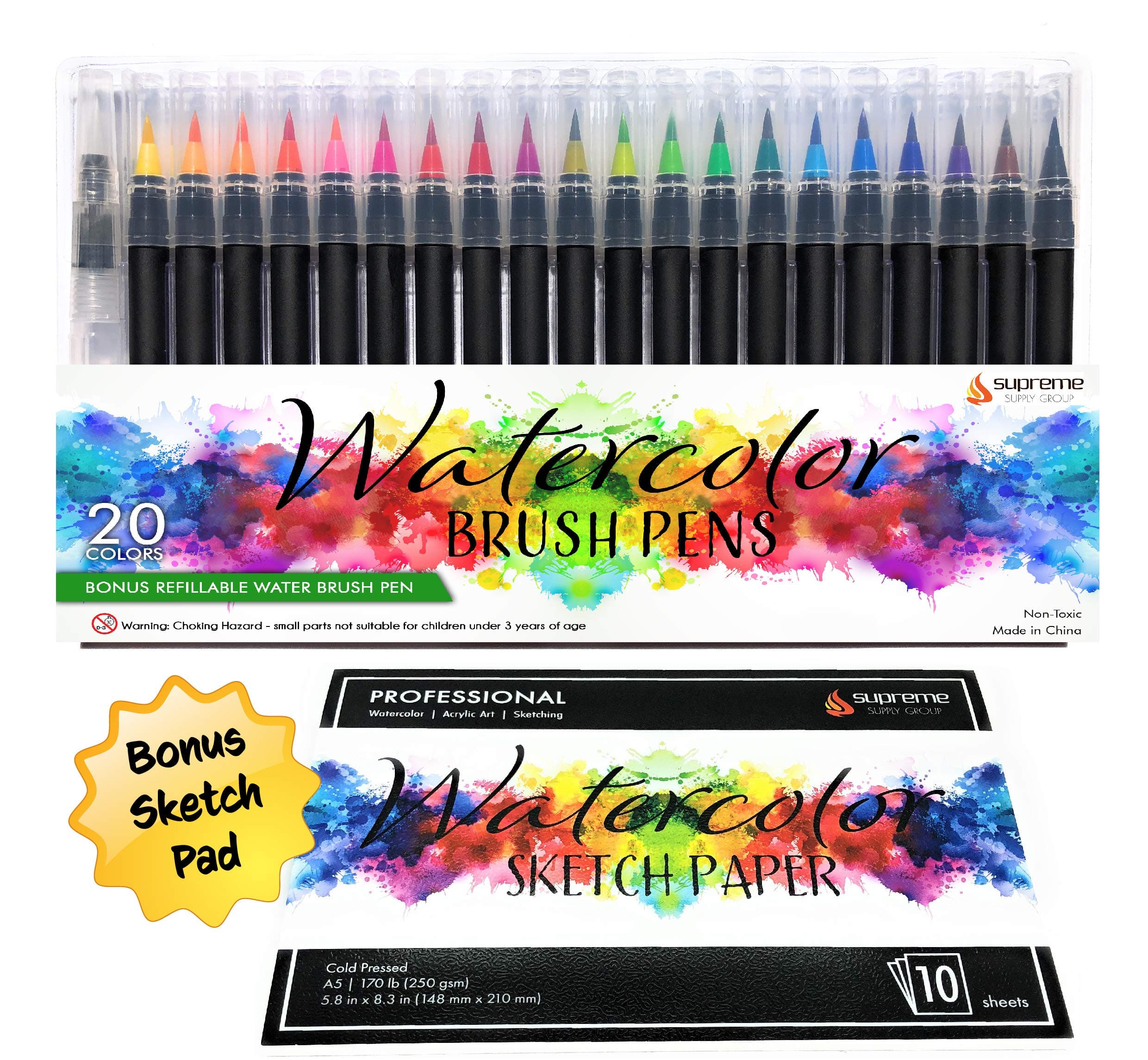 Watercolor Brush Pens Set, 20 Color Markers + BONUS Sketch Pad & Refillable Water Pen, Soft Tip for Art, Drawing, Coloring Page, Calligraphy, Sketching and Paint Effects, Non-Toxic, Water Based