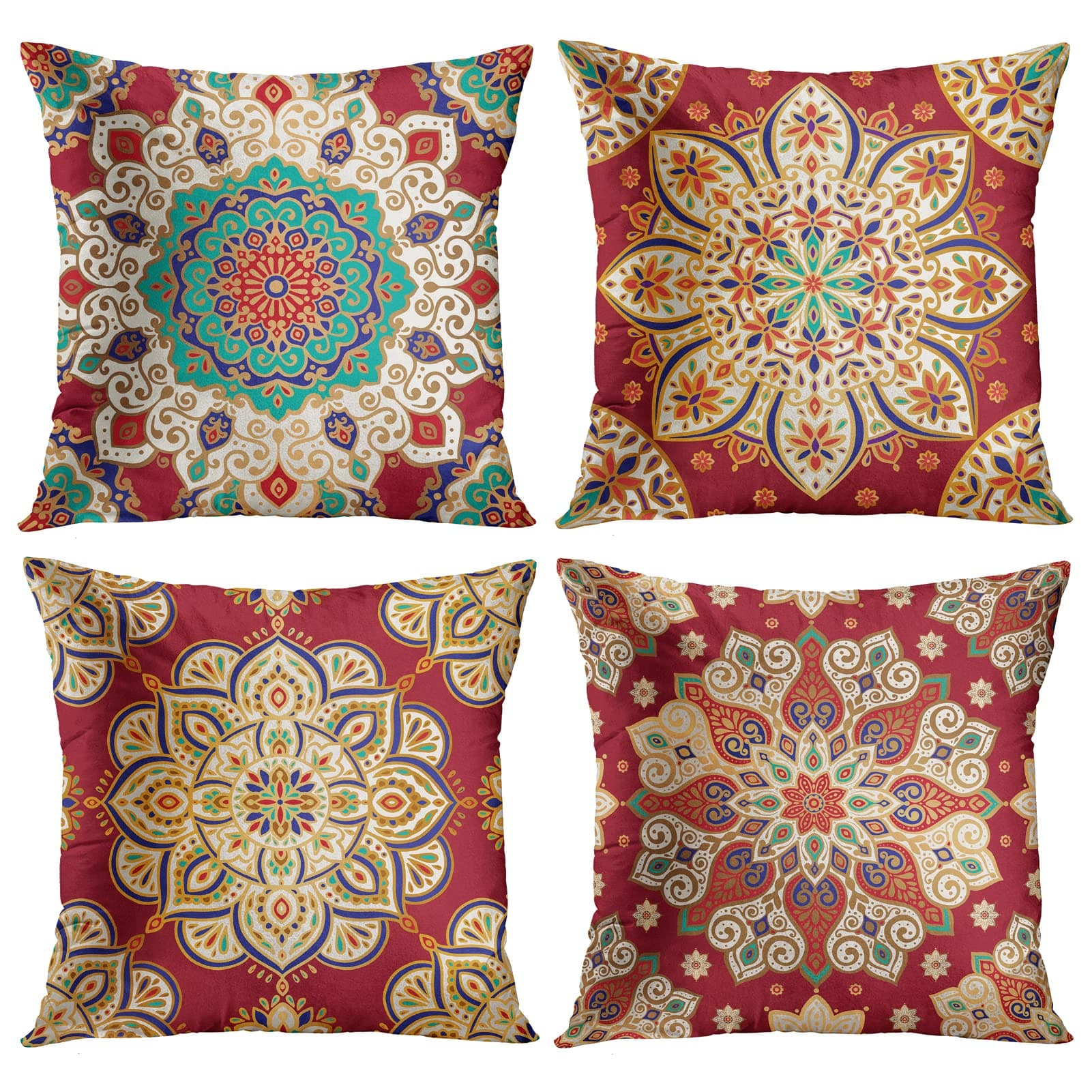 Throw Pillow Covers, Red Mandala Ethnic Flower Home Decor Set of 4 Pillow Cases, 18 X 18 inches Sofa Cushion Couch Sofa Pillowcases Decorative