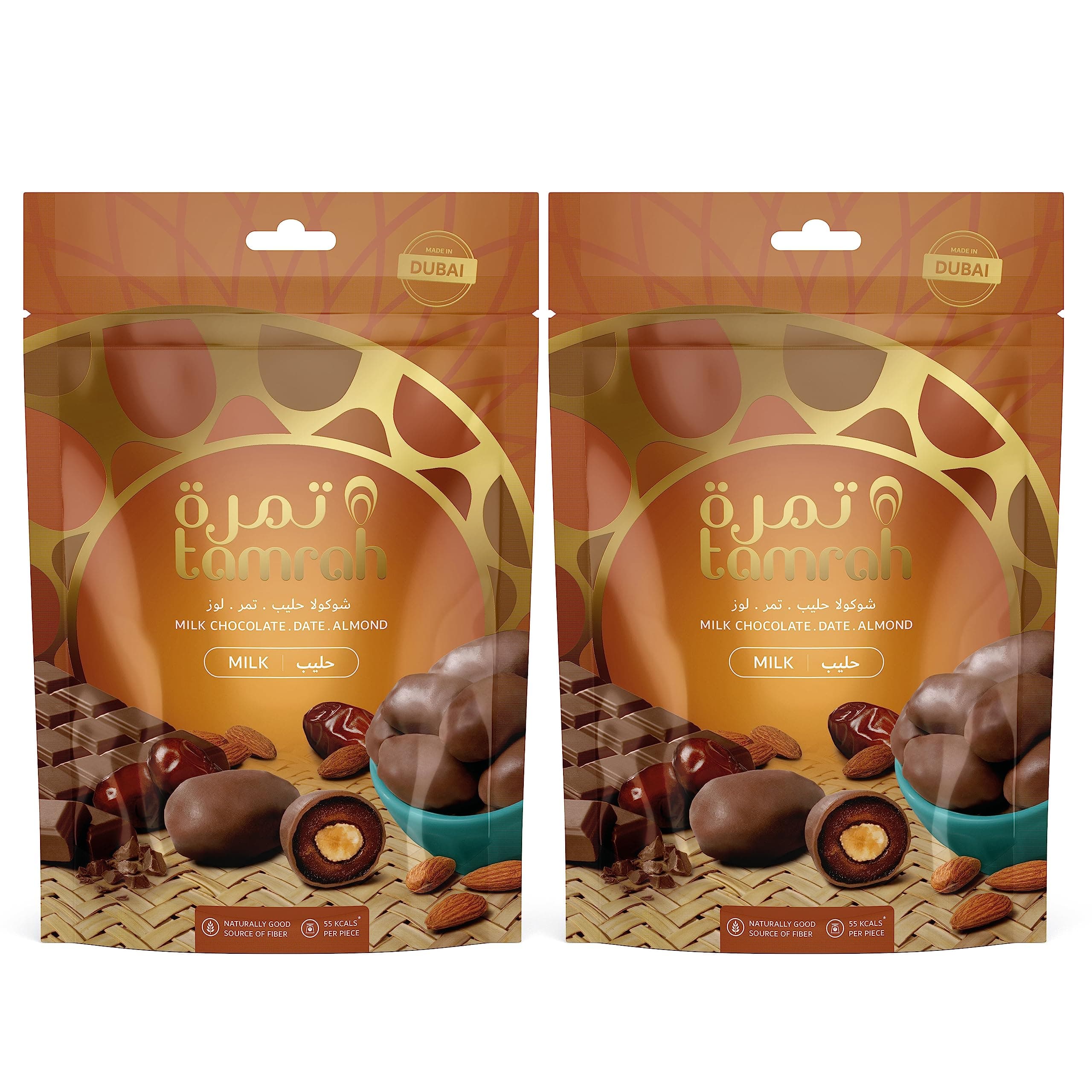 Tamrah Milk Chocolate Zipper Bag - Buy 2 100g Pack Combo of Premium Milk Chocolate-Coated Dates with Stuffed Almonds, Nutritious Snacks, Ideal for Gifting, Daily Treats, Kids' Favorite Chocolate