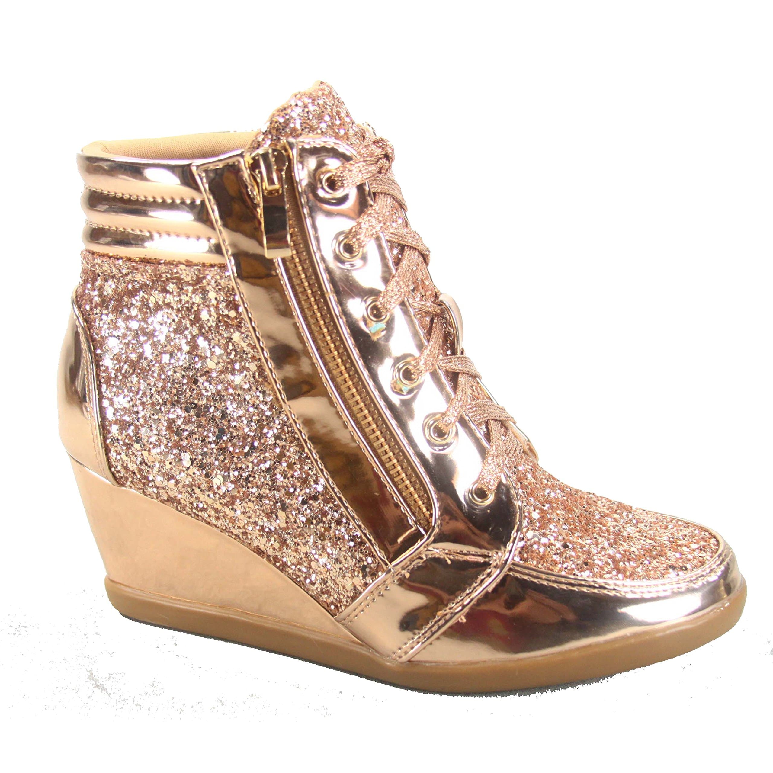 Women's Fashion Glitter High Top Lace Up Wedge Sneaker Shoes