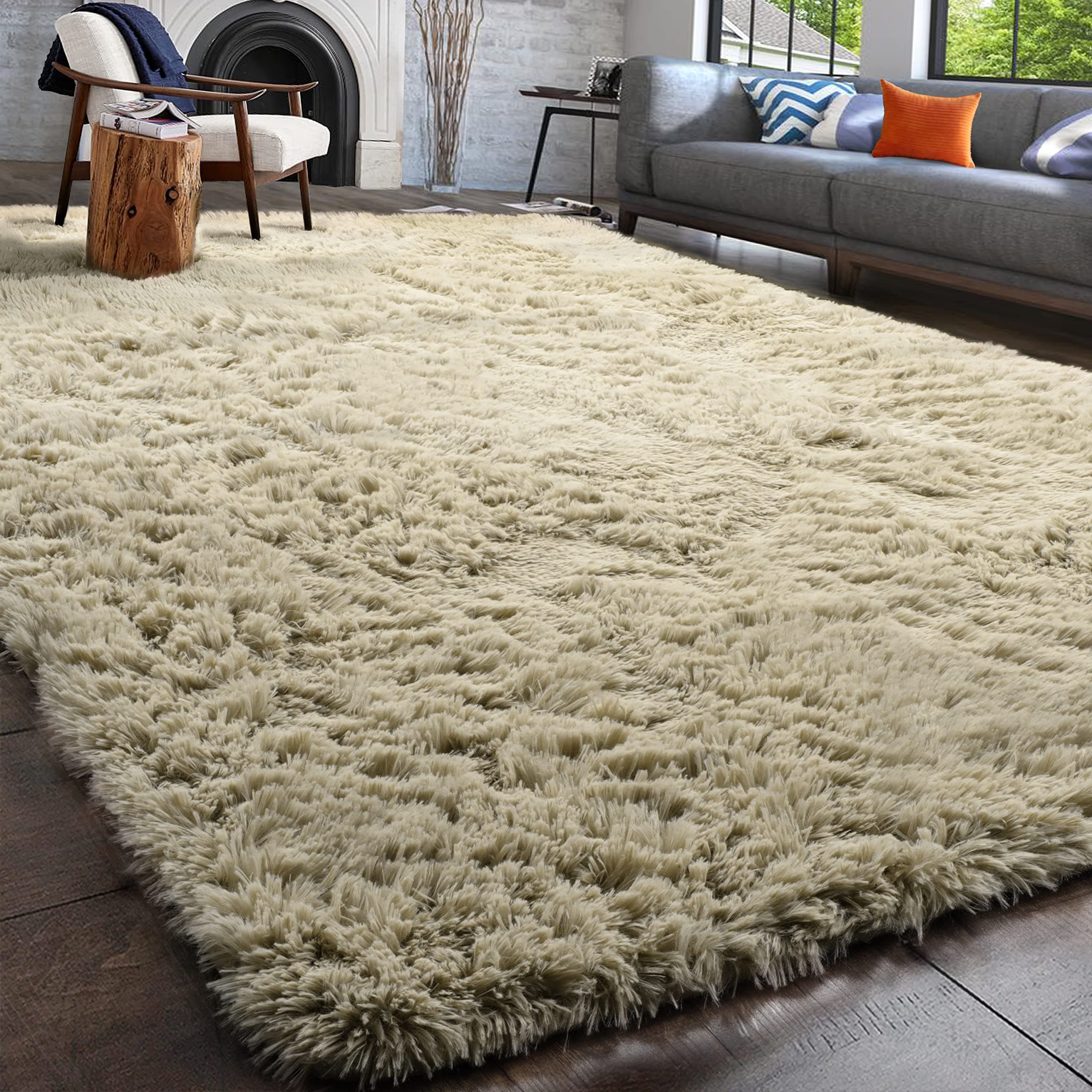 PAGISOFE Fluffy Shaggy Soft Area Rug for Baby, Bedroom Living Room, 4x6 Fuzzy, Furry Floor Tan Rugs for Nursery Playroom, Kids Girls Boys Cute Room Décor, Beige