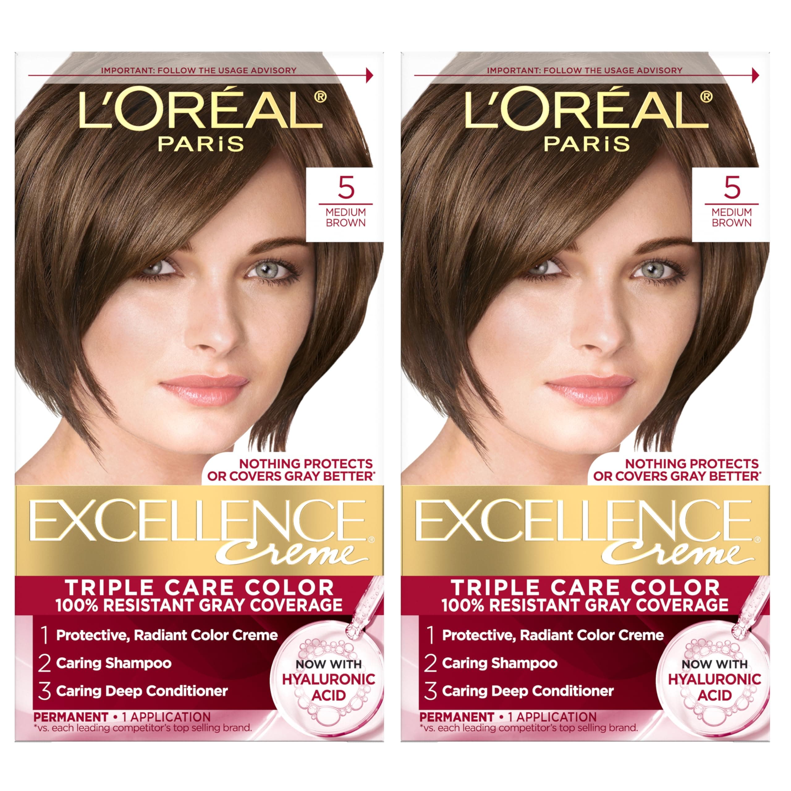 L’Oréal Paris L'Oreal Excellence Creme Permanent Hair Color, 5 Medium Brown, 100 percent Gray Coverage Hair Dye, Pack of 2