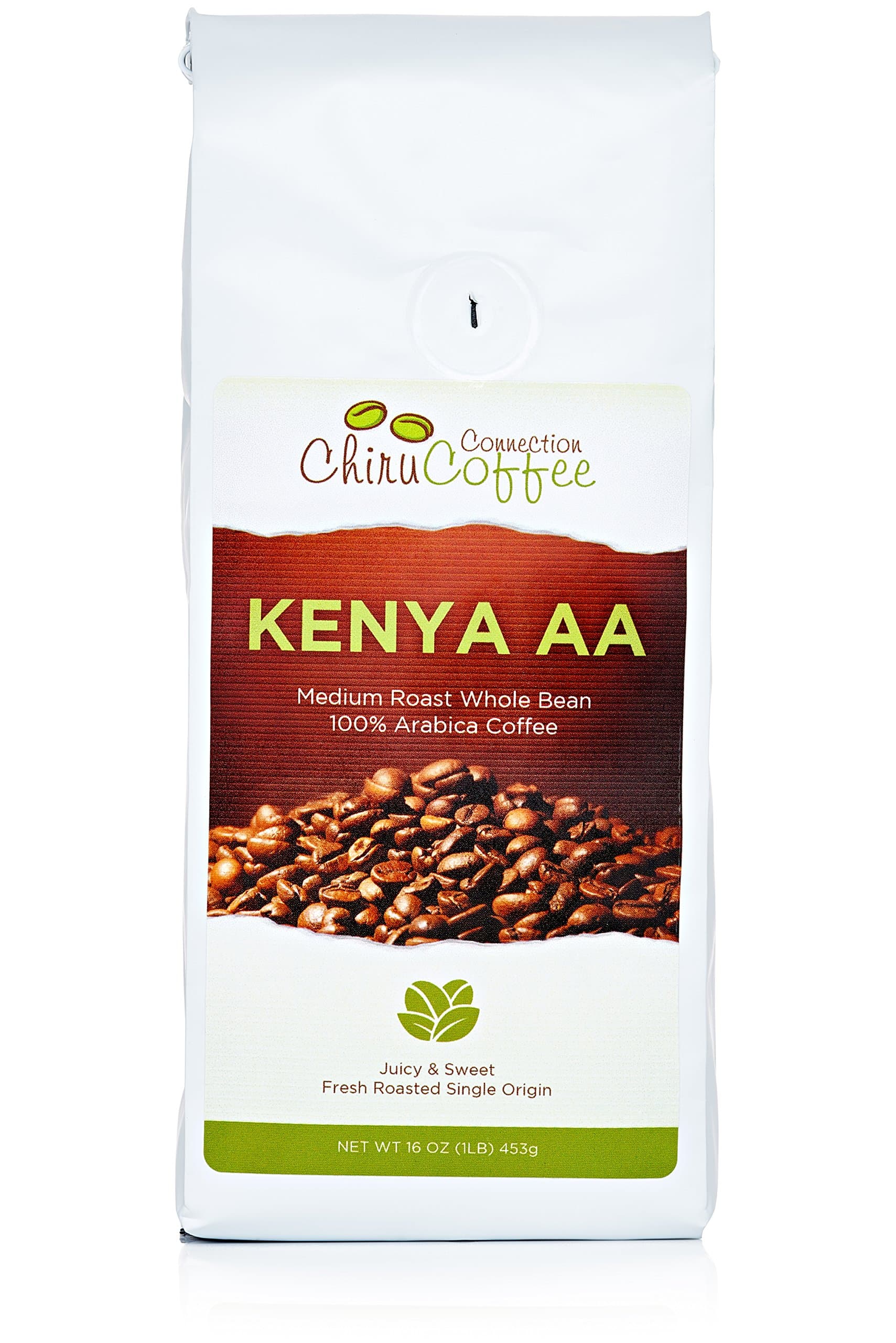 Chiru Coffee Connection Fresh Roasted Kenya's Finest AA Roasted Whole Bean Arabica Coffee, 16 oz, Bag 1 lb