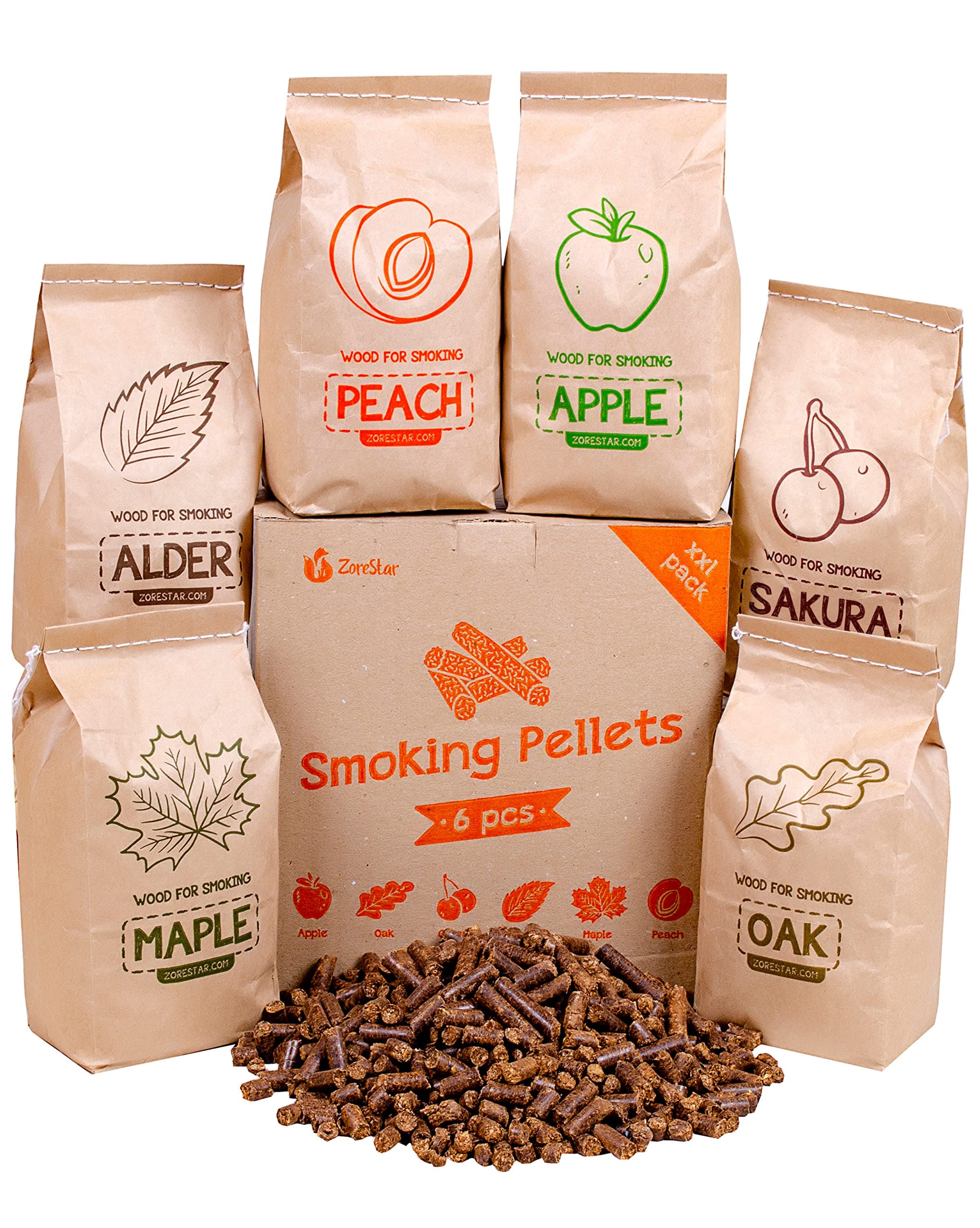 Zorestar Smoker Pellets Variety Pack 100% All-Natural Wood Smoking Pellet - Set of 9 Packs Weight 12 LB - Oak, Maple, Apple, Peach, Alder, Cherry, fire Pit Wood pellets for Smoker Grill, BBQ & Bake
