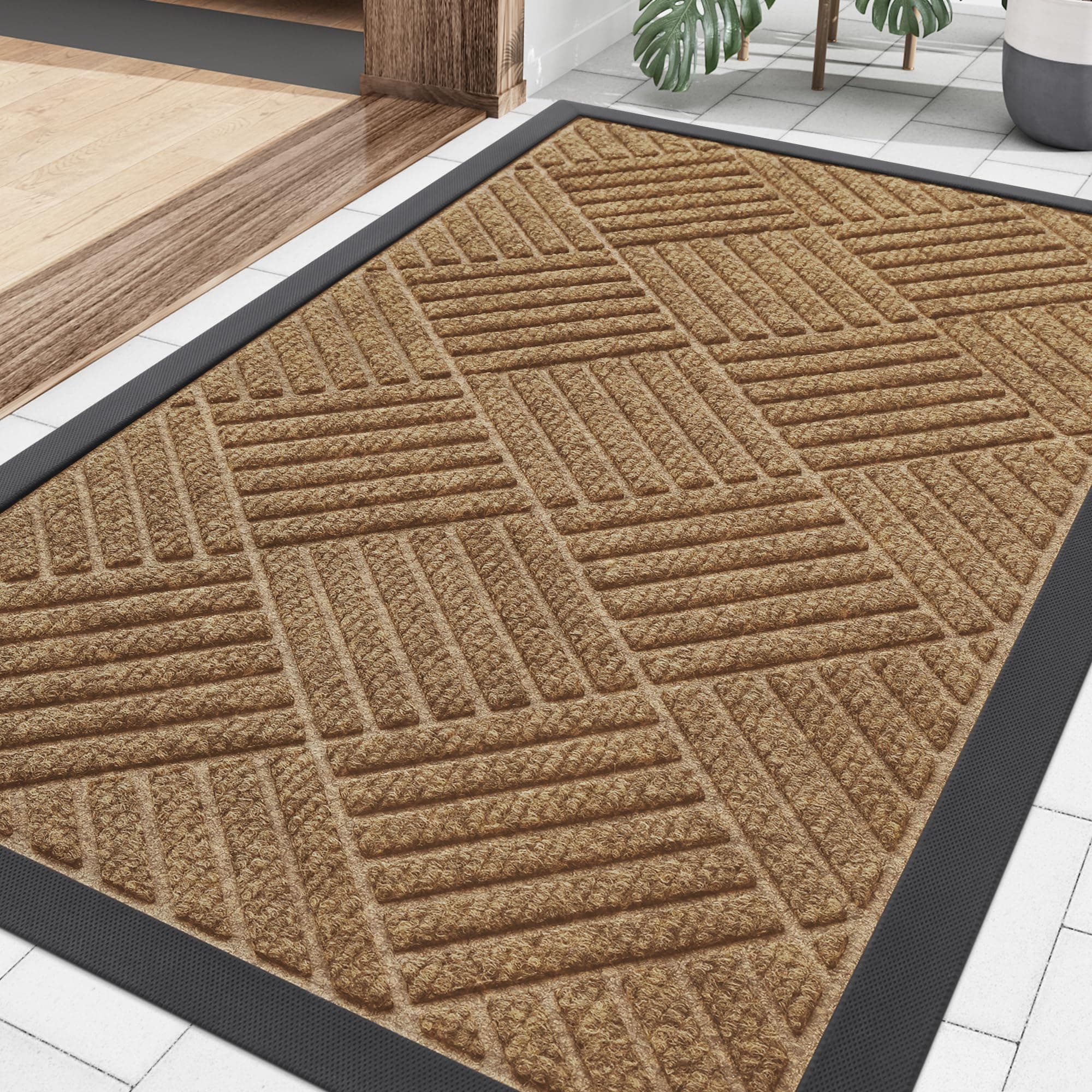 Smiry Front Door Mat Outside Entrance, Heavy Duty Outdoor Indoor Natural Rubber Doormat, Non Slip, Trap Dirt and Moisture, Easy Clean, Low Profile Patio Porch Entryway Mat, 29.5x17, Coffee