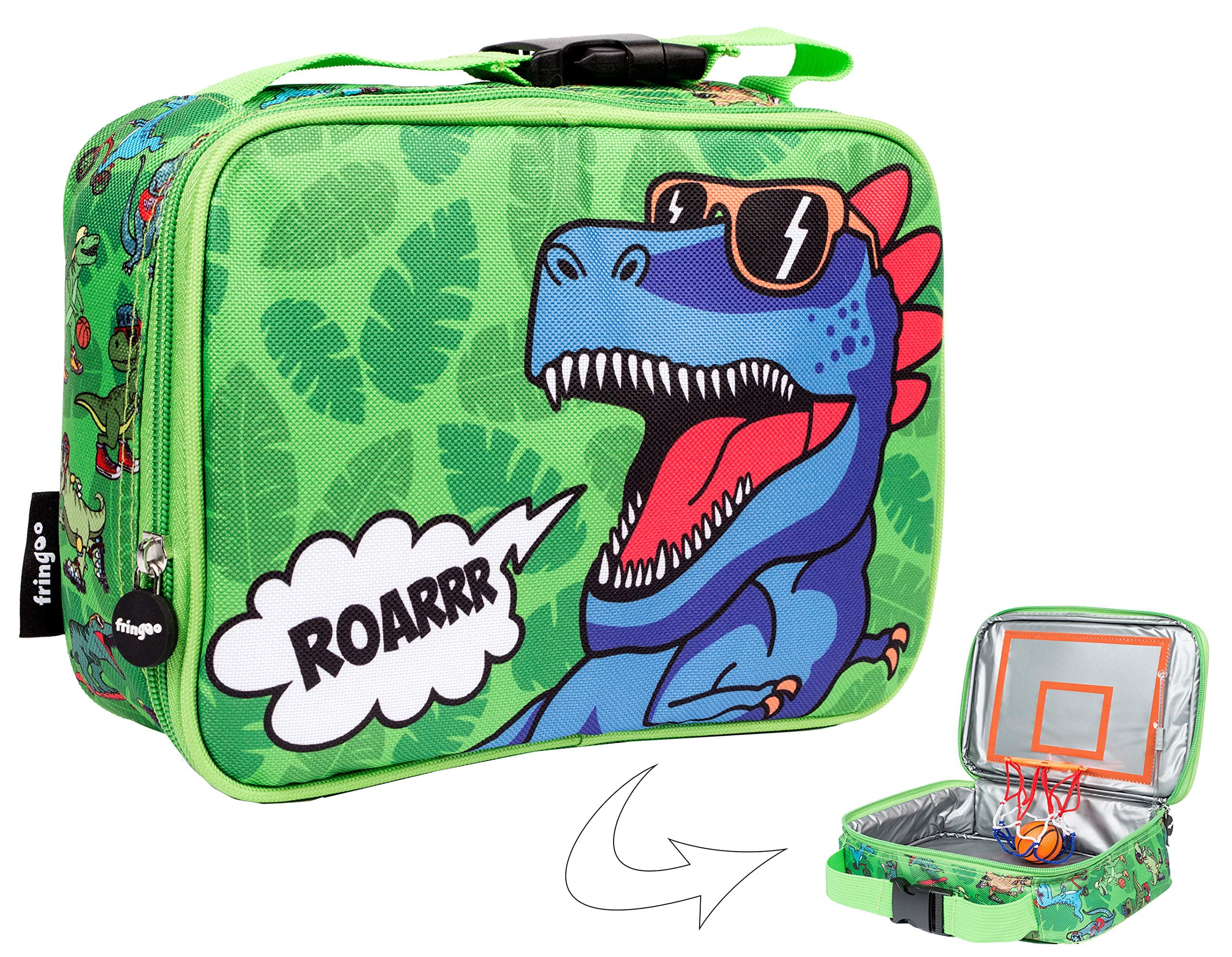 FRINGOO Boys Lunch Bag Basketball Thermal Insulated Cooler Bag for Kids School Nursery Picnic Food Snack Carrier (Roarrr Dinosaur)