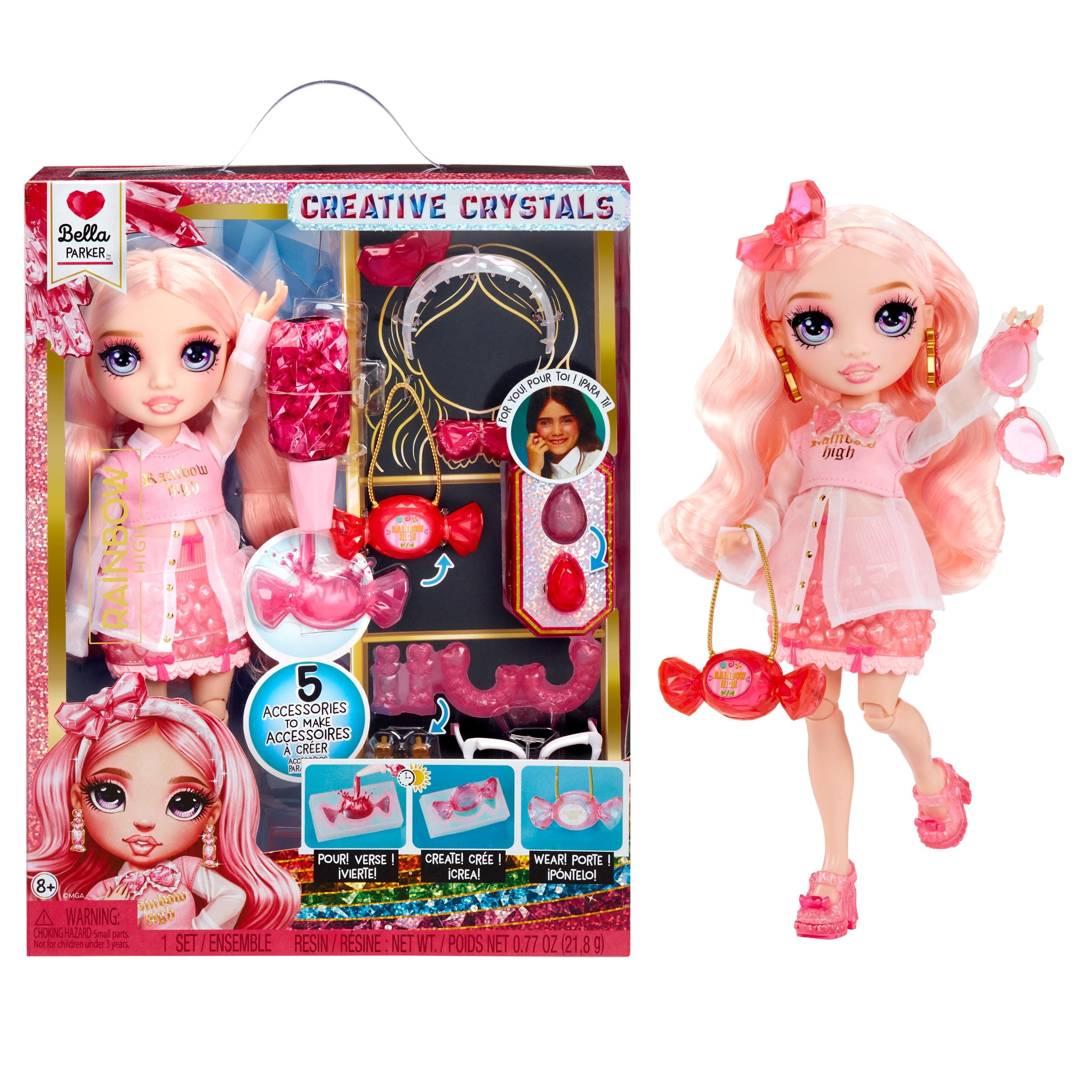 Creative Crystals Bella - Pink 11” Fashion Doll with Crystal Accessory Make It Kit, Ring for You, DIY, Crafts, Resin Play, Kids Gift 8+