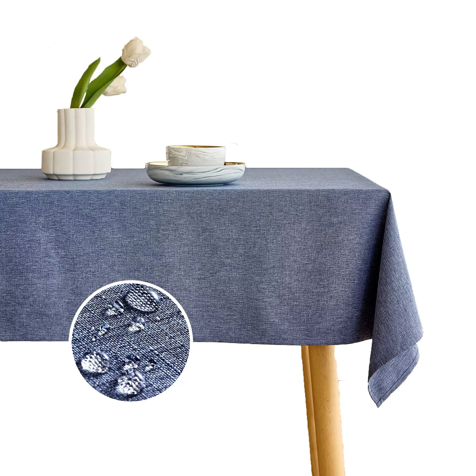 Waterproof Burlap Table Cloth for 10 Ft Rectangle Table, Easy Care Wipe Clean Decorative Fabric Linen Table Cover for Kitchen, Dinging Room(Oblong, 60 x 144 Inch (12-14 Seats), Denim Blue)