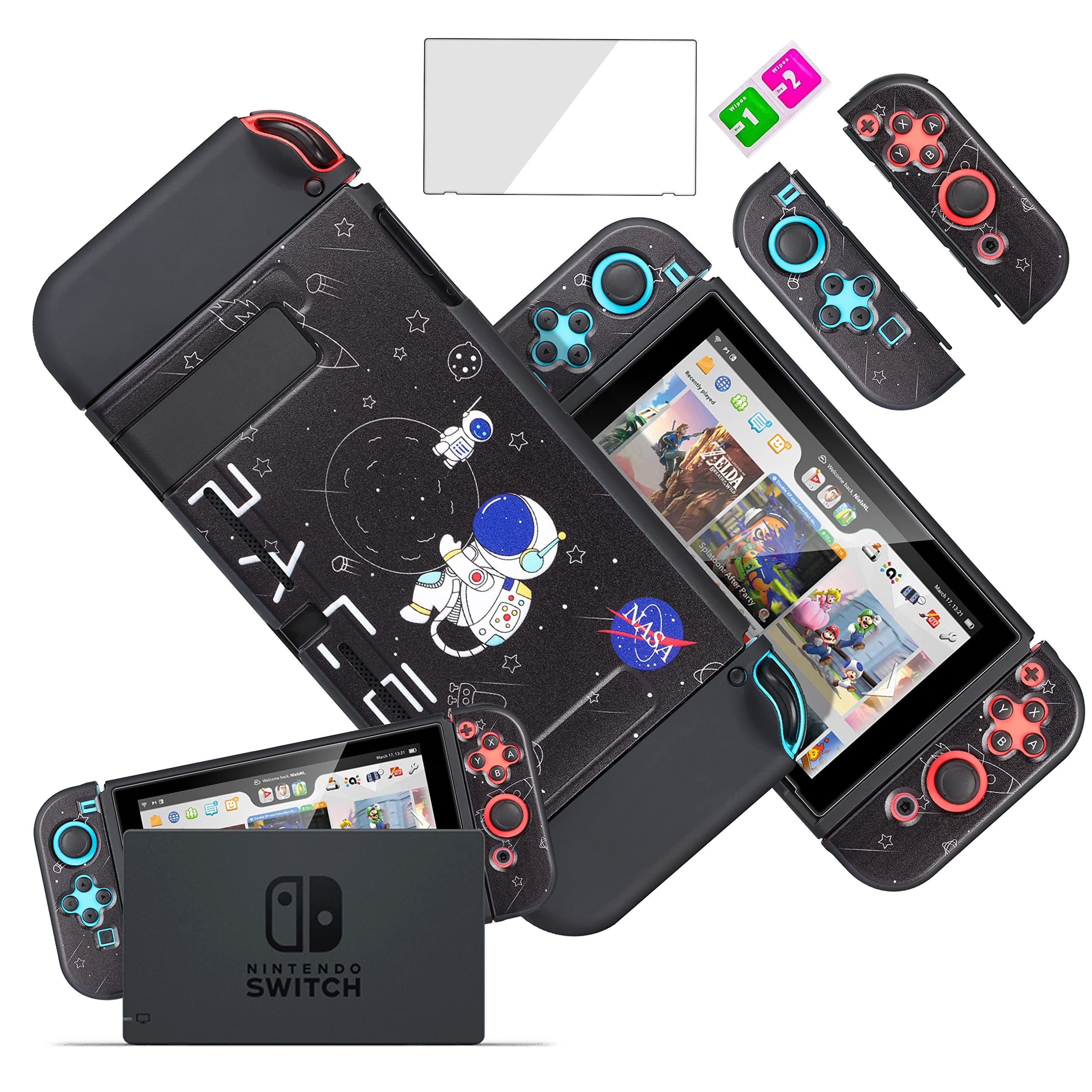 oqpa for Nintendo Switch Case Cute Kawaii Cartoon Design Cover, Fun Funny Fashion Switch Game Shell for Girls Kids Women Screen Protector Glass + TPU Soft Cases for Nintendo Switch (Mask Astronaut)