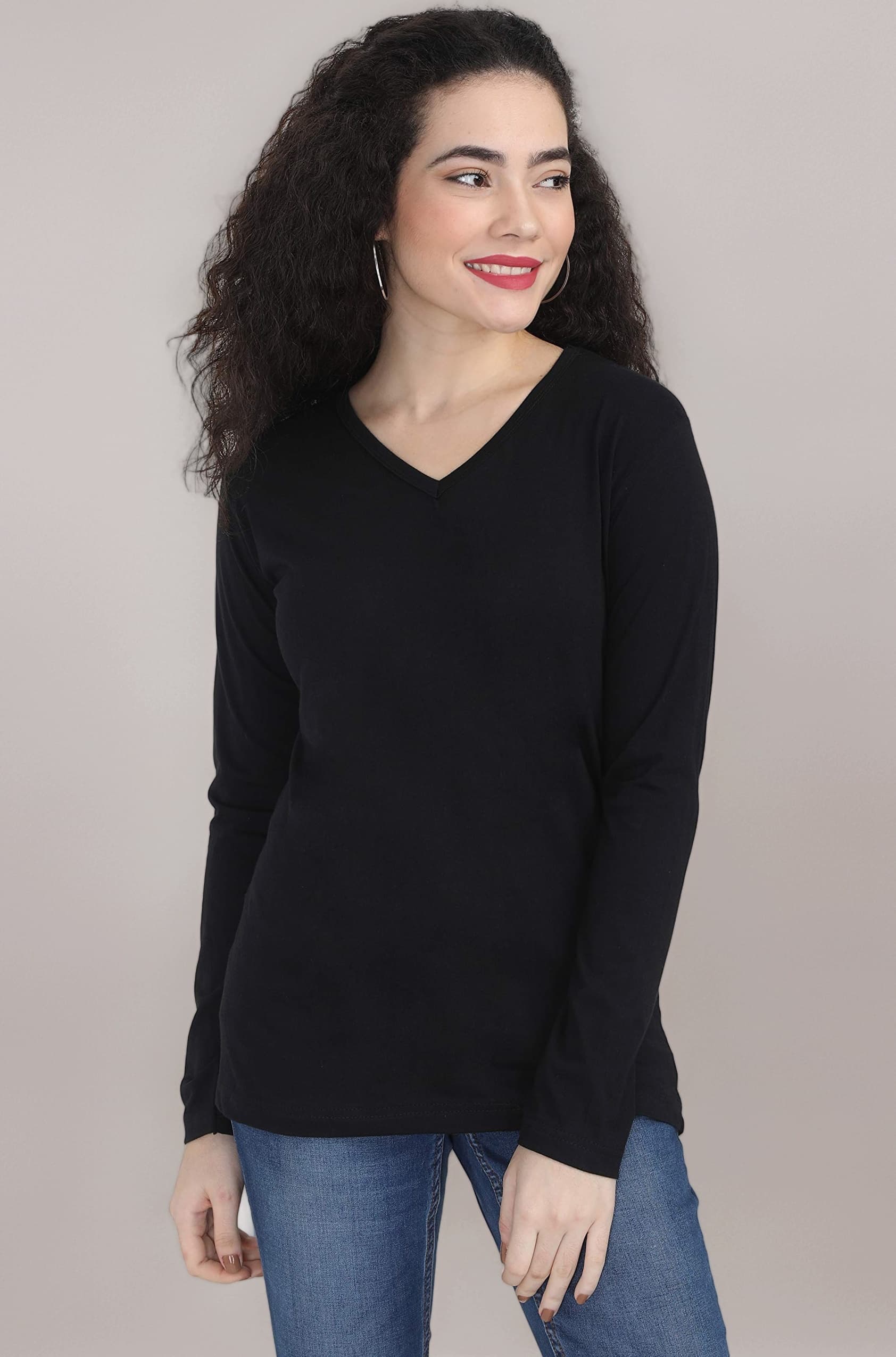 Women's Cotton Plain V Neck Full Sleeve T-Shirt