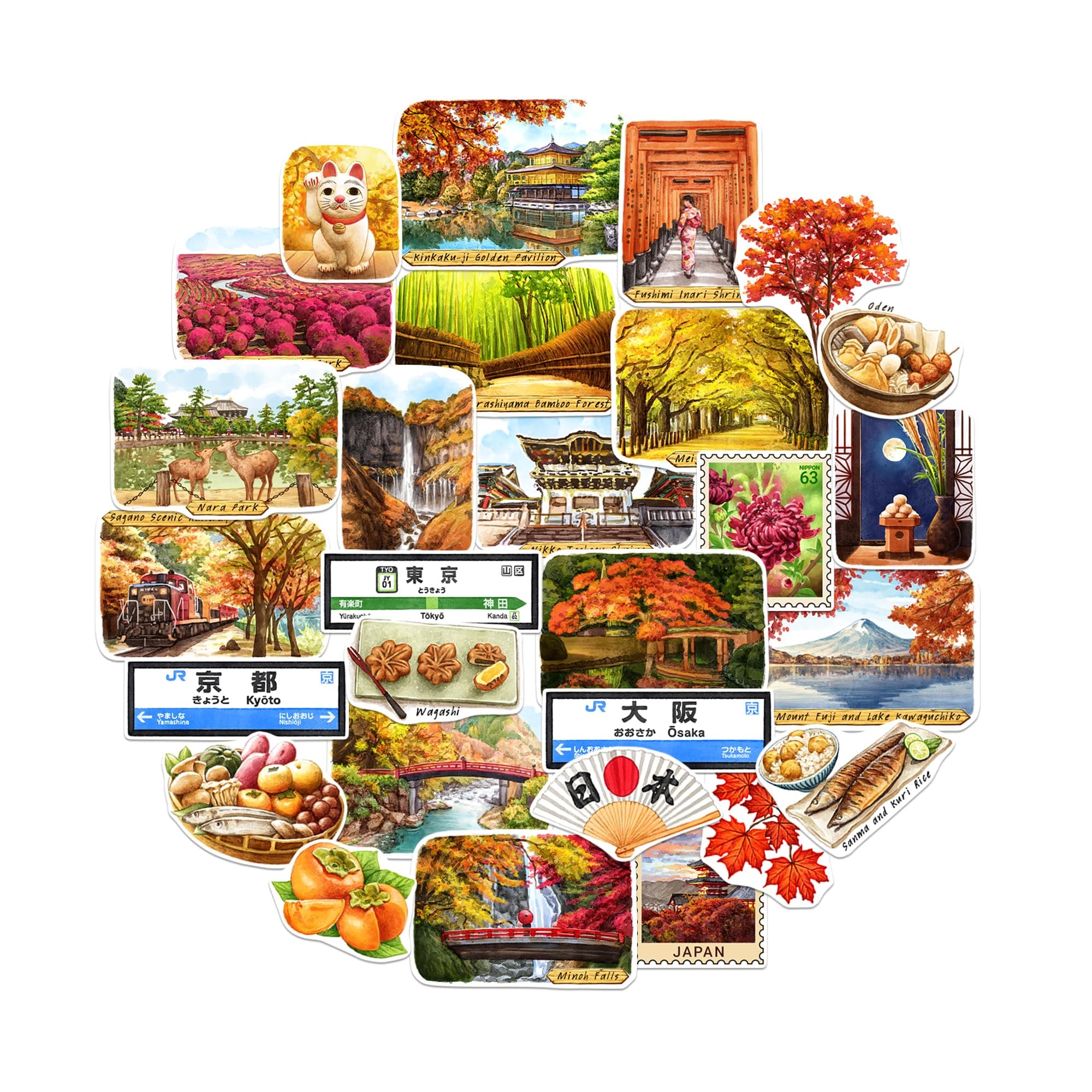 Navy Peony Autumn in Japan Travel Stickers (28pcs)-Watercolor, Japanese Maple, Fall Foliage-Themed Vacation Decals for Journals, Scrapbooks, Tumbler