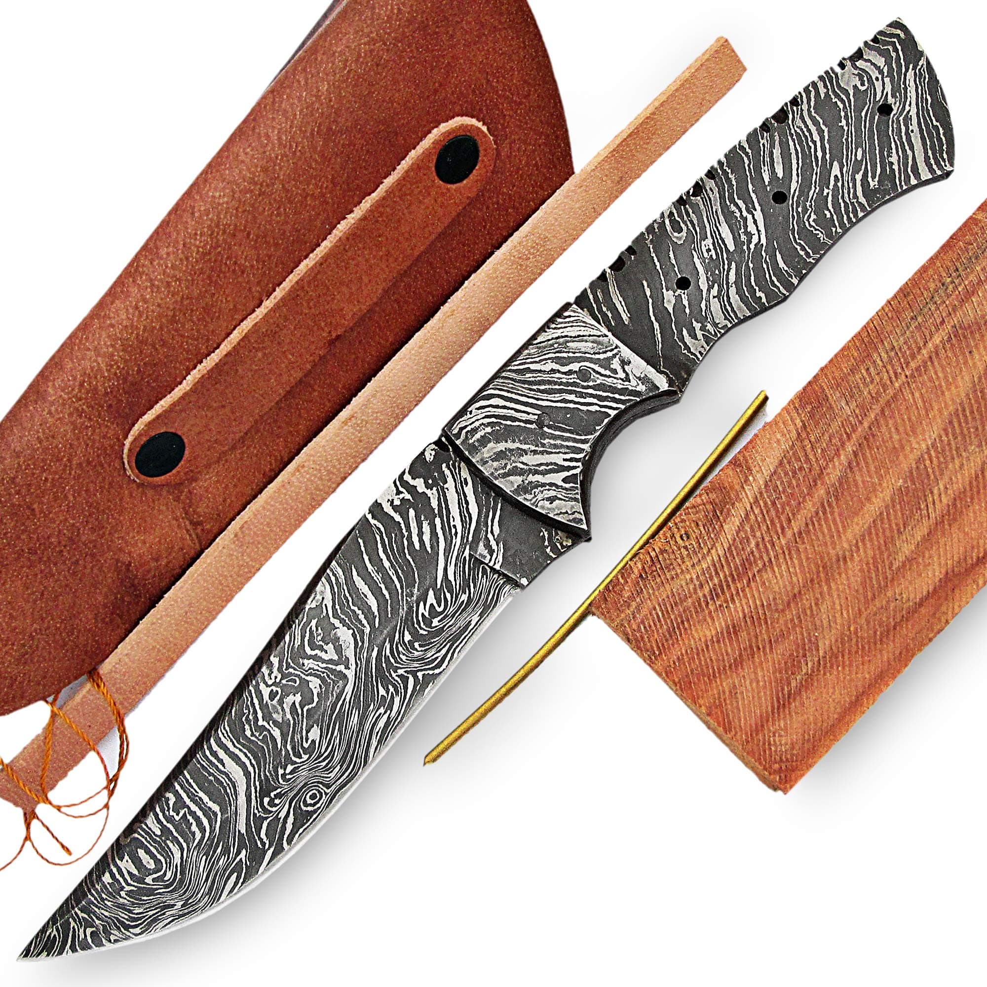 ColdLand 9.50" Hand Forged Damascus Steel Knife Blank Blade with Damascus Knife Making Kit Supplies with Rose Wood Handle Scales, Unstitched Leather Sheath with Thread UK01-1