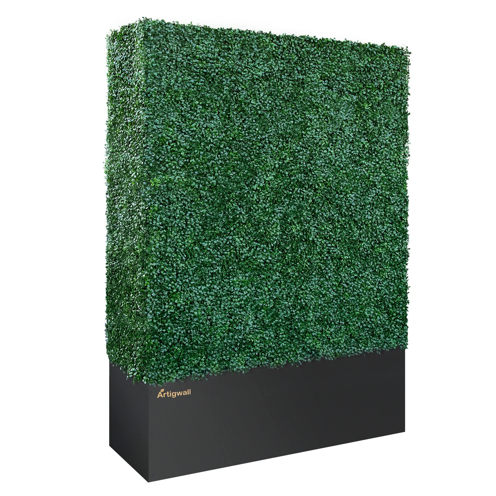 Artificial Boxwood Hedge Dividing Wall with Black Stainless Steel Planter Box and Hardware for Home, Patio, Deck, or Office, 64" Hx48 Wx14 D