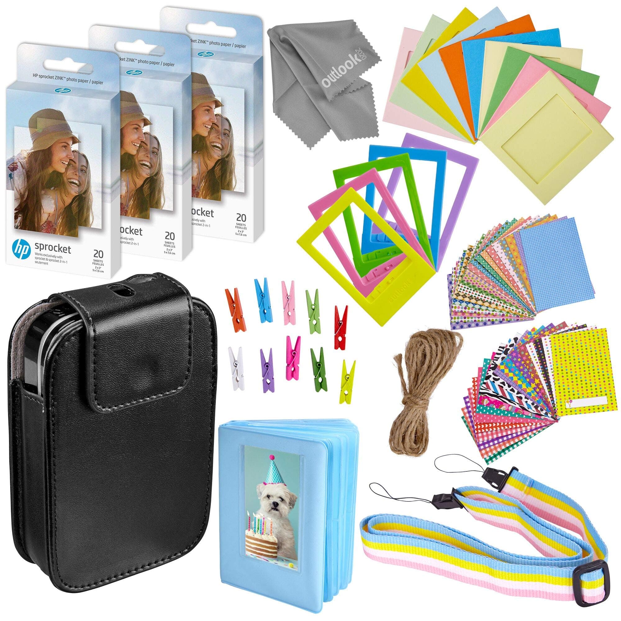 Zink Photo Paper and Frames Kit – 60 Pack - Sticker Paper for HP Sprocket 2-in-1 Portable Printer - Sticky 2x3 Sheets for Printing Pocket Size Phone Pictures - with Photo Album, Case, Frames, Clips