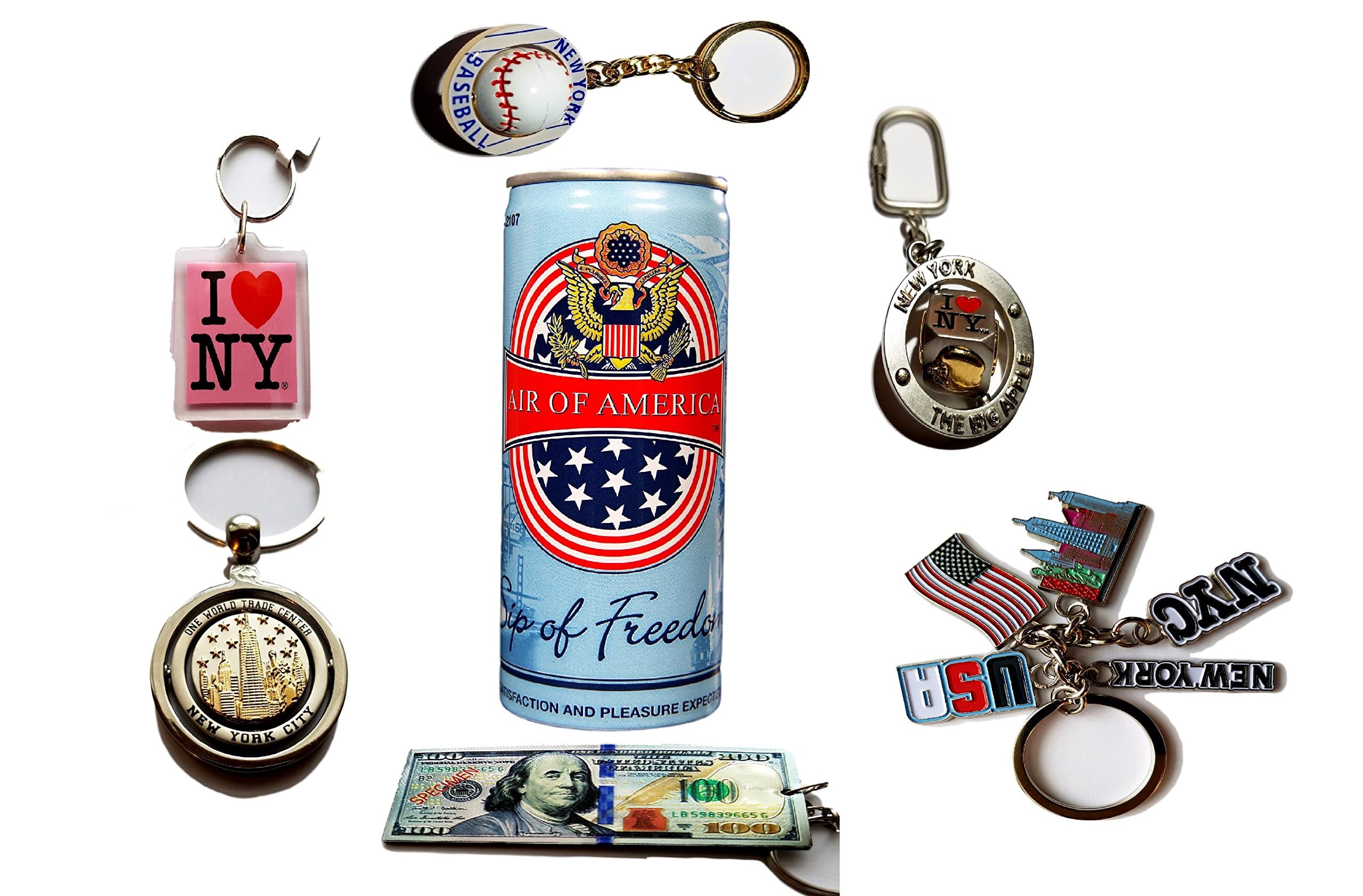 New York Keychain Souvenir Bundle- 100 Dollar Bill- World Trade Center- The Big Apple-NY Baseball- Made in America Caned Air