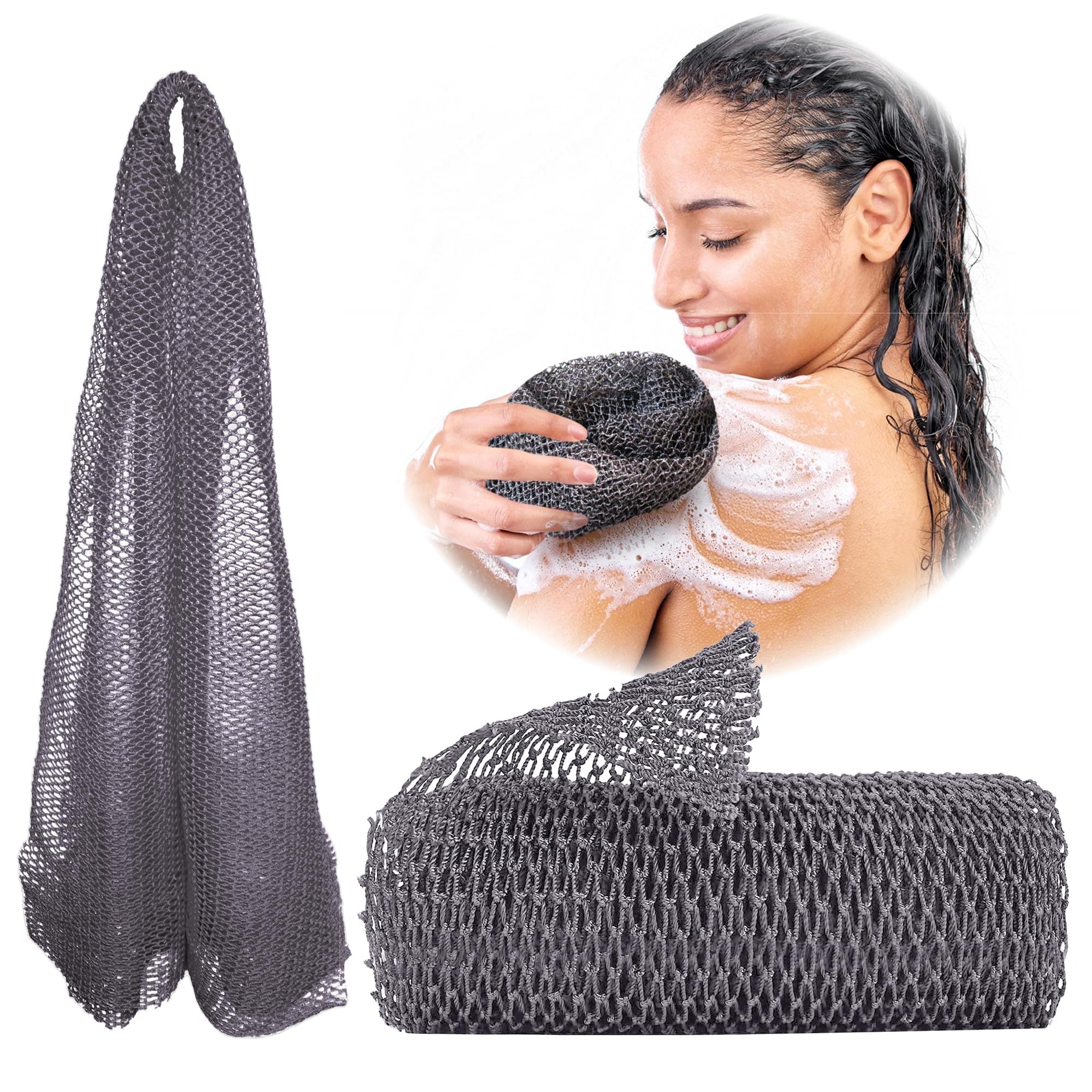 Adeton African Net Sponge, Authentic, Real, Black Owned, Exfoliating Bath Wash Cloth, Long Sponge, Body Exfoliator, Sapo, Shower Bath Accessories, Back Foot Scalp Scrub, Flat Dead Skin Remover (Gray)