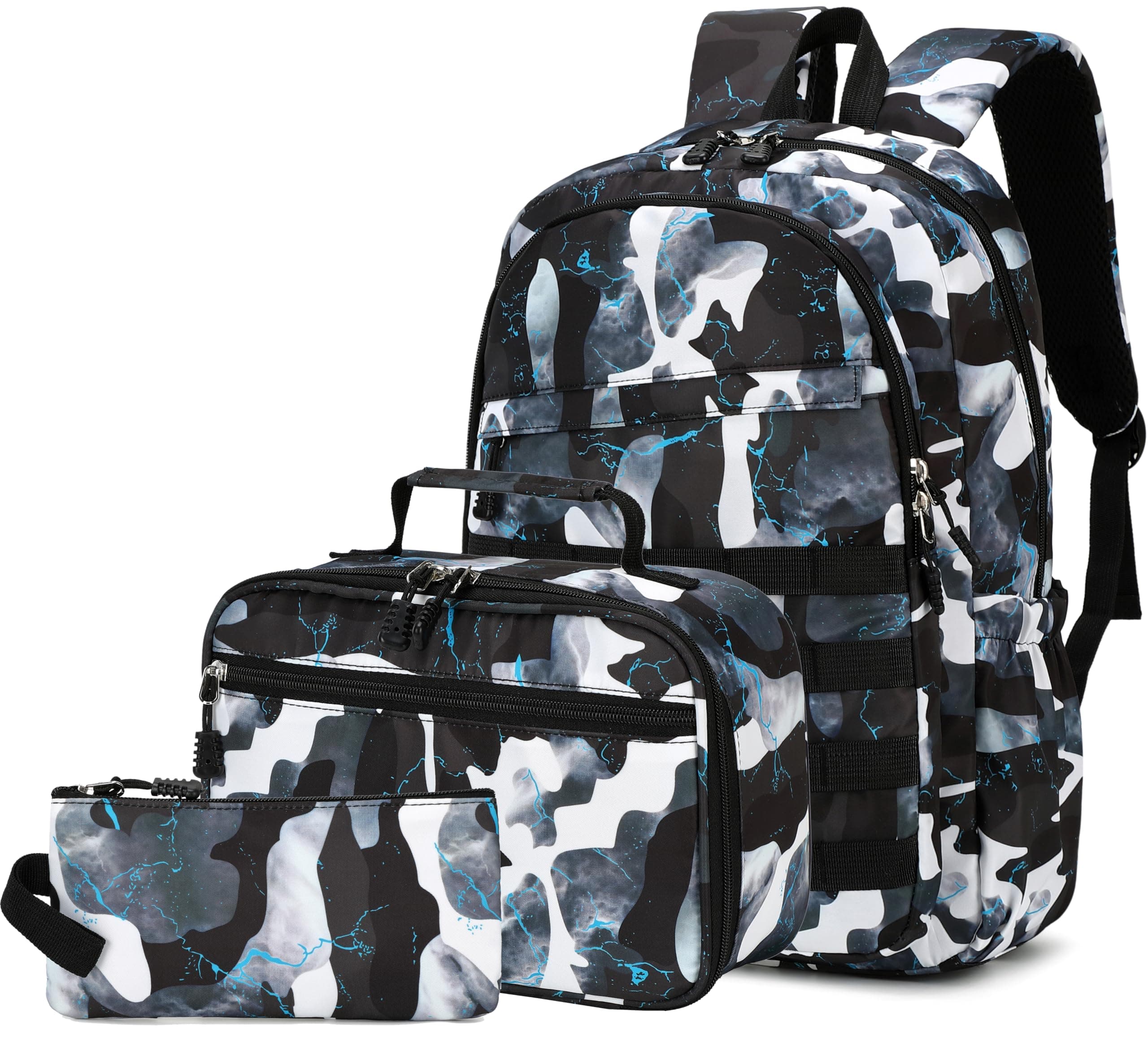 Boys Backpack with Lunch Box, Camo Kids Backpacks for Boys Elementary Middle School Bag Bookbag Outdoor Travel Back Pack (Camo Black Set, Small)