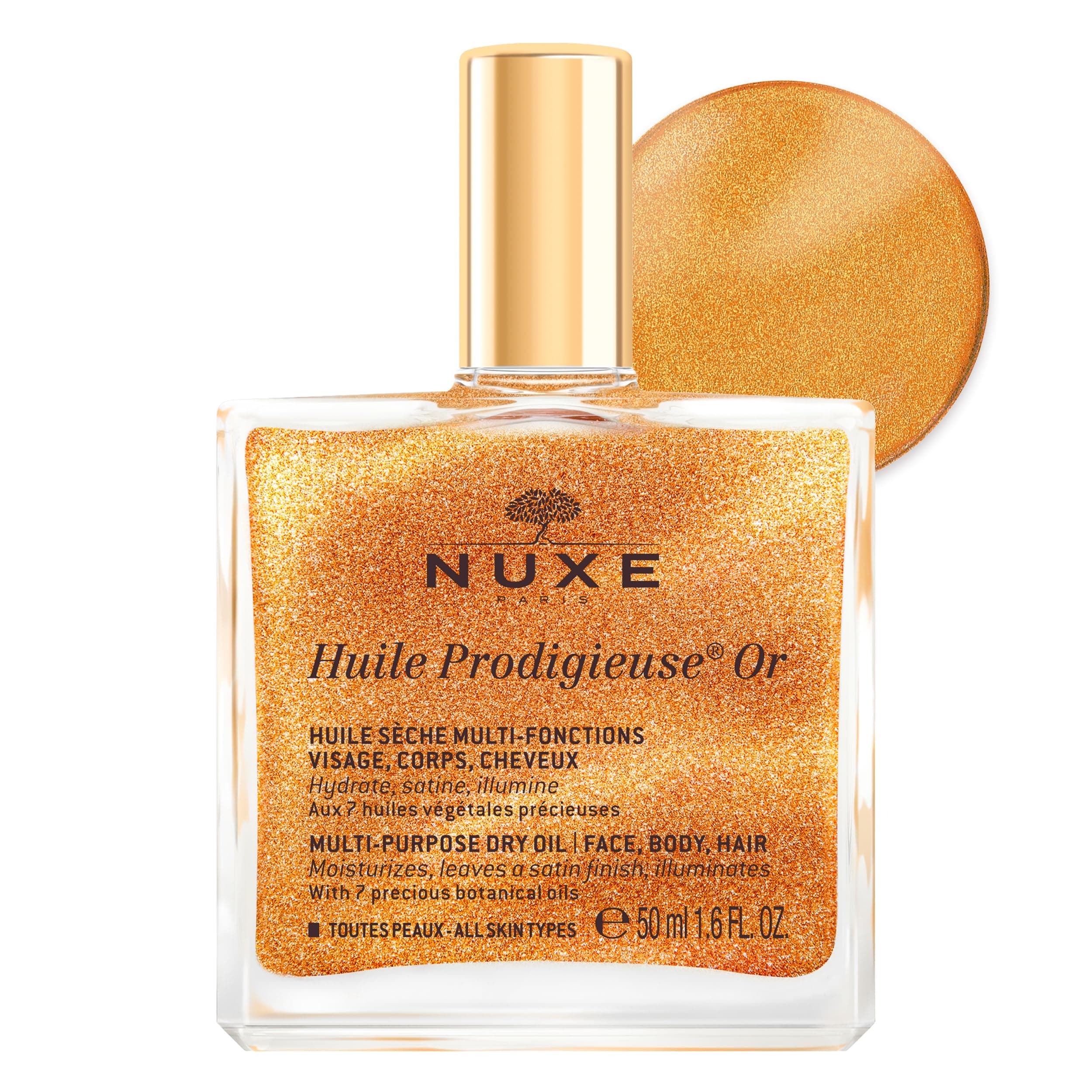 Huile Prodigieuse Shimmering Dry Oil 50ml, Gold-Flecked Dry Oil, Illuminates & Softens Face, Body & Hair, Multi-Purpose Nourishment, Vegan Formula