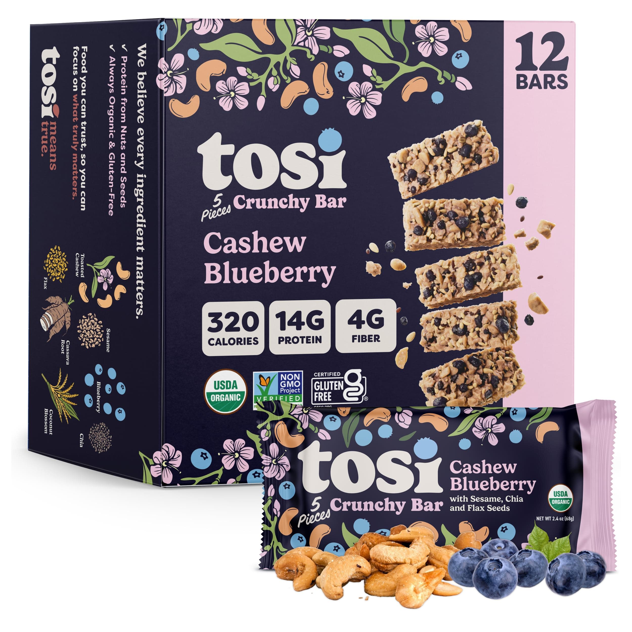 Tosi Meal Nut Bars, Cashew Blueberry, Healthy Snacks for Adults & Kids, Crunchy Plant Based Protein Bar (14G), Keto Snacks, Vegan, Gluten & Soy Free, Low Sugar, Omega 3s, 2.4oz, 12-Pack