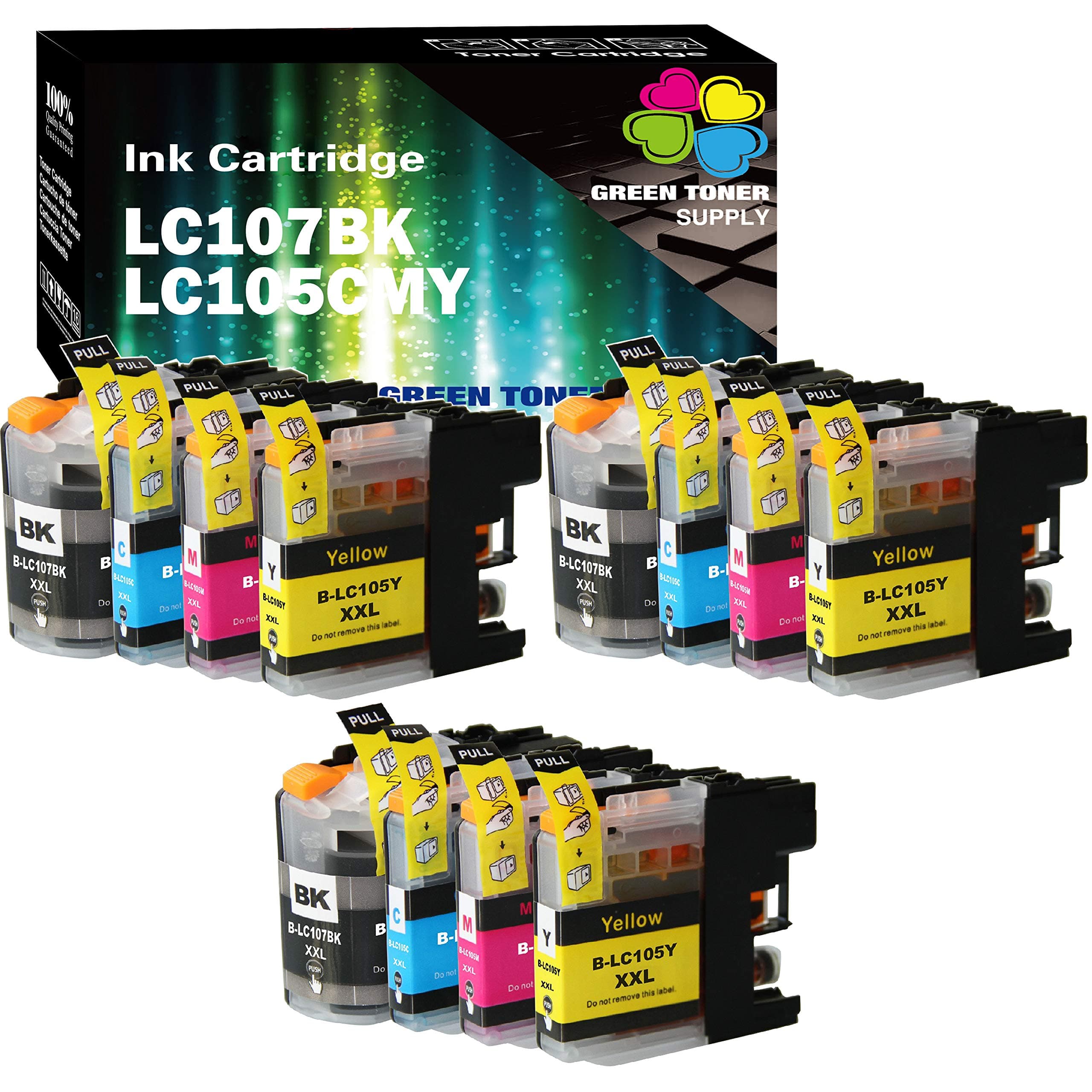Green Toner Supply Compatible Ink Cartridge Replacement for Brother LC107 LC-107 / LC105 LC-105 XXL High Yield (3 Black, 3 Cyan, 3 Yellow, 3 Magenta, 12-Pack)