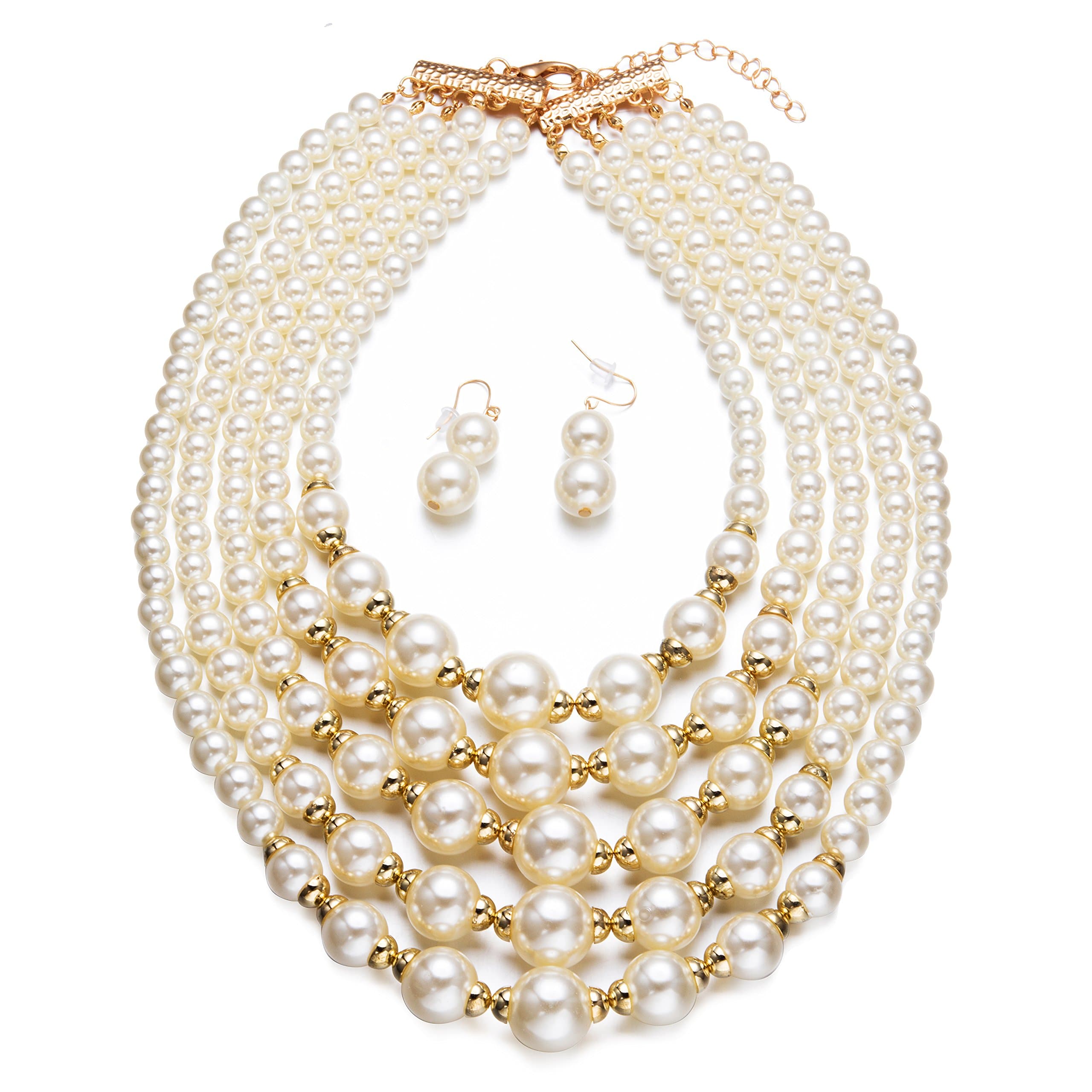 Women Elegant Pearl Jewelry Bead Cluster Collar Bib Choker Necklace and Earrings Set (Ivory)