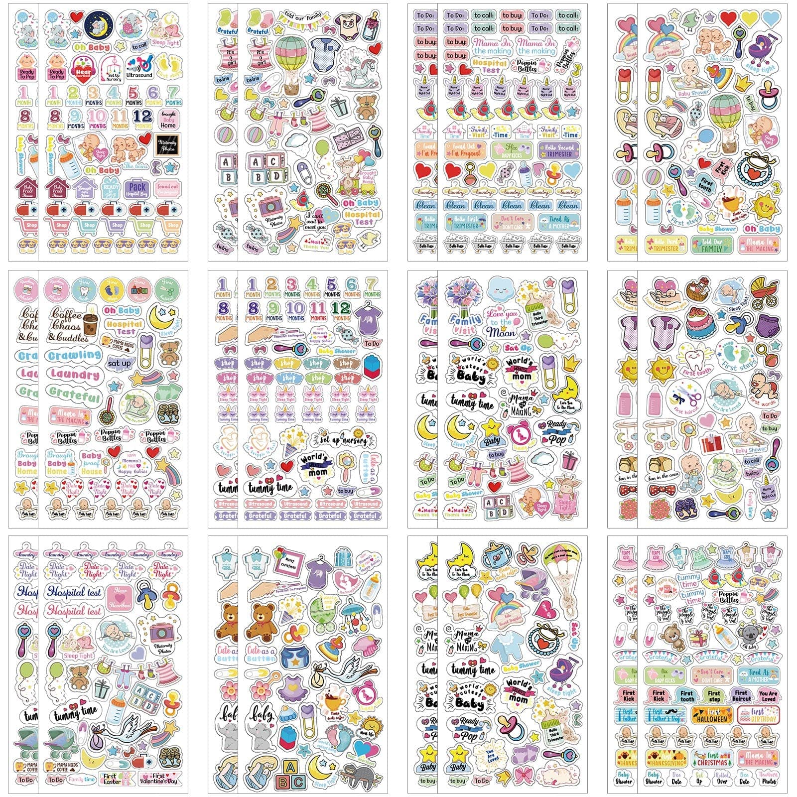 Kisston 24 Sheets Baby Scrapbook Stickers 1000+ New Pregnancy Planner Sticker Baby Calendar First Year Decal Maternity Newborn Themed Decal for Christmas Decorating