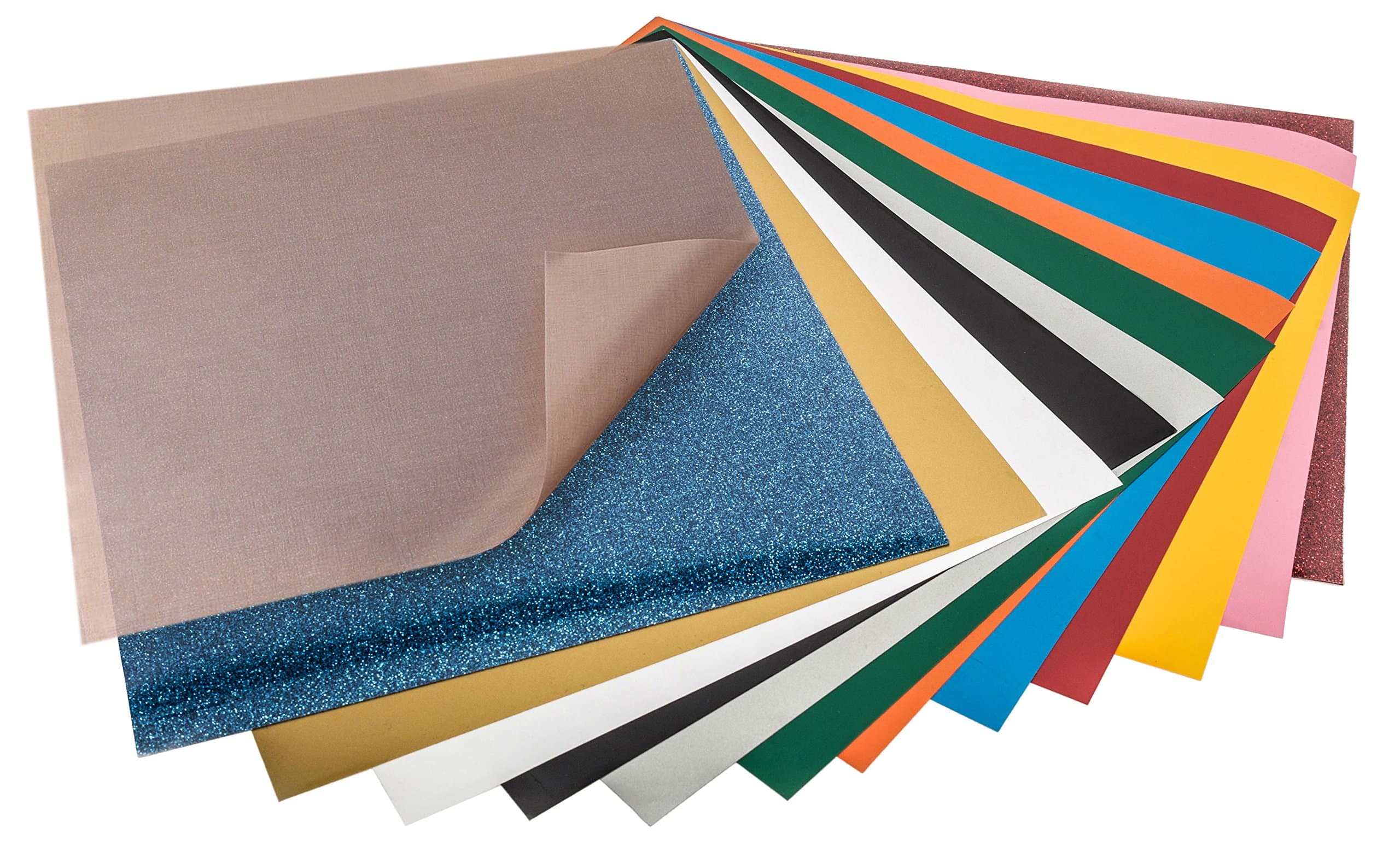 Heat Transfer Vinyl Sheets Bundle 12 Multi-Color Flat 12x10 Inches Iron-On HTV Vinyl Sheets For Heat Transfer Printing, Includes 2 Glitter Sheets & 1 Teflon Sheet For DIY Custom Projects