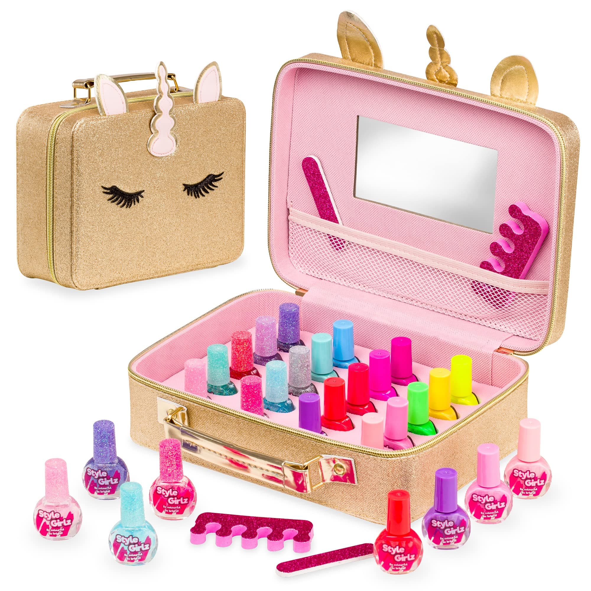 Style Girlz Nail Varnish Sets For Girls - Unicorn Vanity Case With 20 Nail Polish Colours & Accessories - Kids Makeup Sets For Girls - Nail Polish For Kids - Kids Nail Varnish Set, Gold,Pink