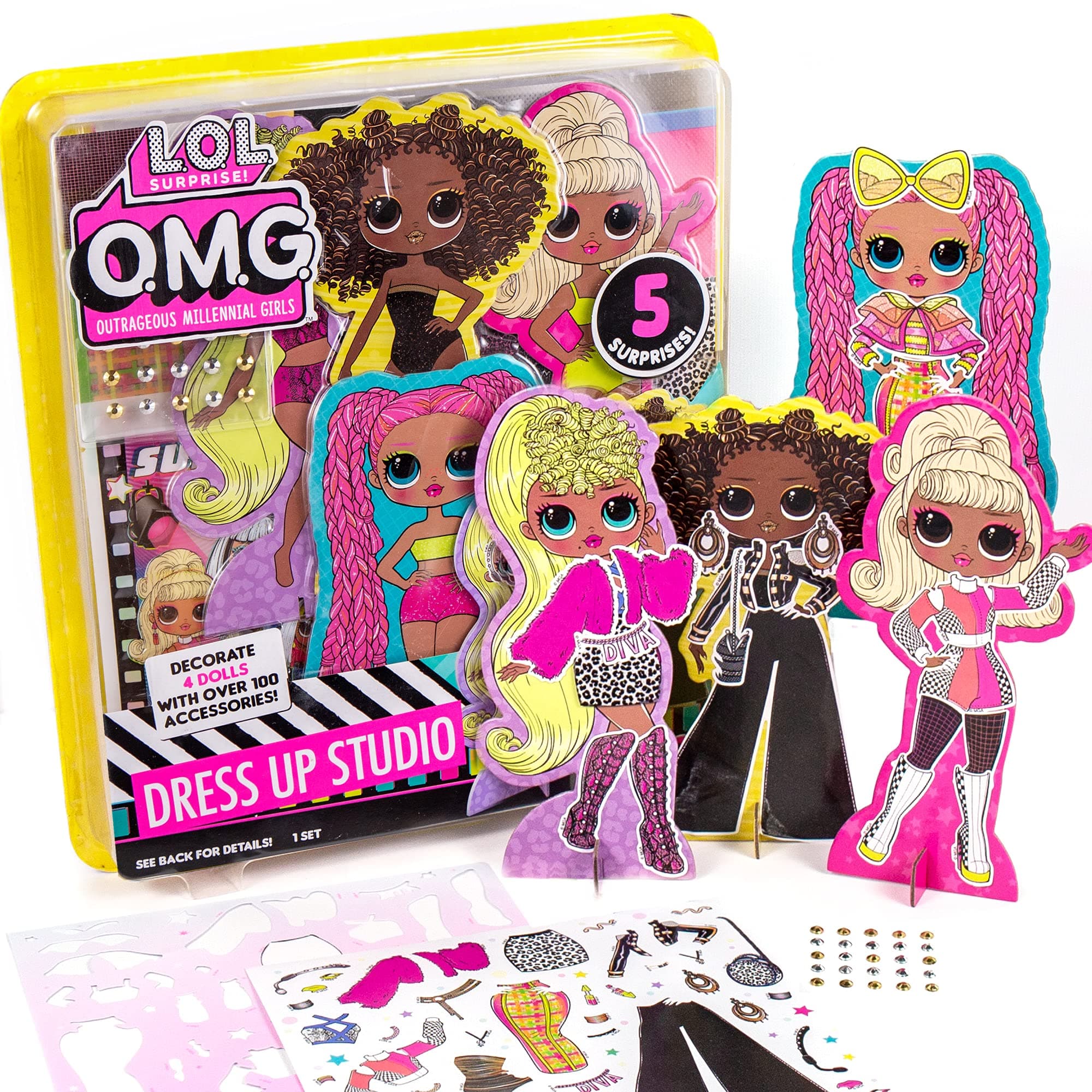 L.O.L. Surprise! O.M.G. Dress-Up Studio by Horizon Group USA, Double Feature Series, Dress-Up 4 O.M.G. Chipboard Dolls with Fabric & Repositionable Stickers, Includes Runway Play Scene & 5 Surprises
